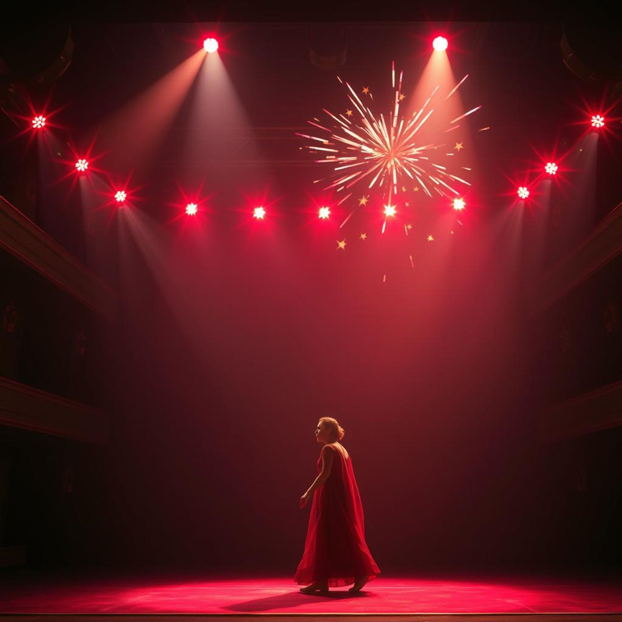 Uma figura despida, tropeçando no palco de um teatro apinhado, enquanto a plateia explode em risadas. Luzes vermelhas brilhantes iluminam o cenário de vergonha.