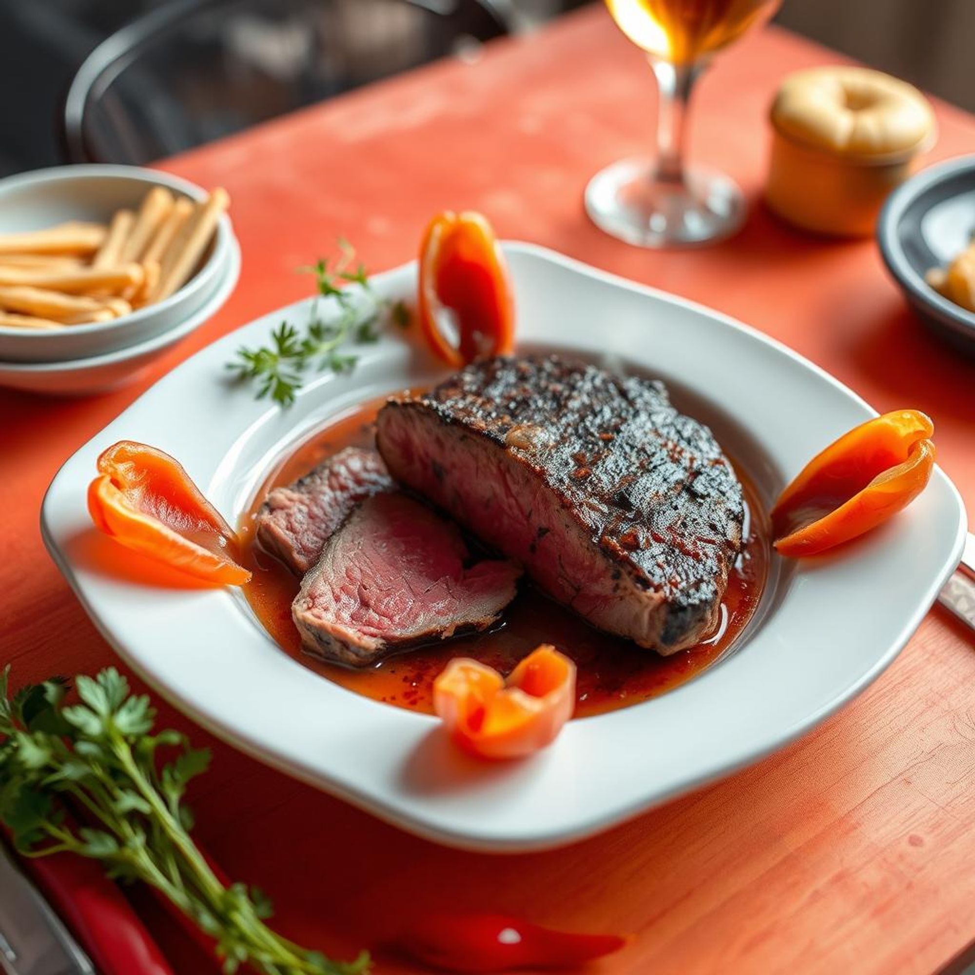 Uma mesa de churrasco fumegante, com um filé mignon suculento no centro, cercado por espetos de linguiça saborosos. Um fundo vibrante de laranja e vermelho, simbolizando energia e paixão. Uma atmosfera de celebração e diversão paira no ar.