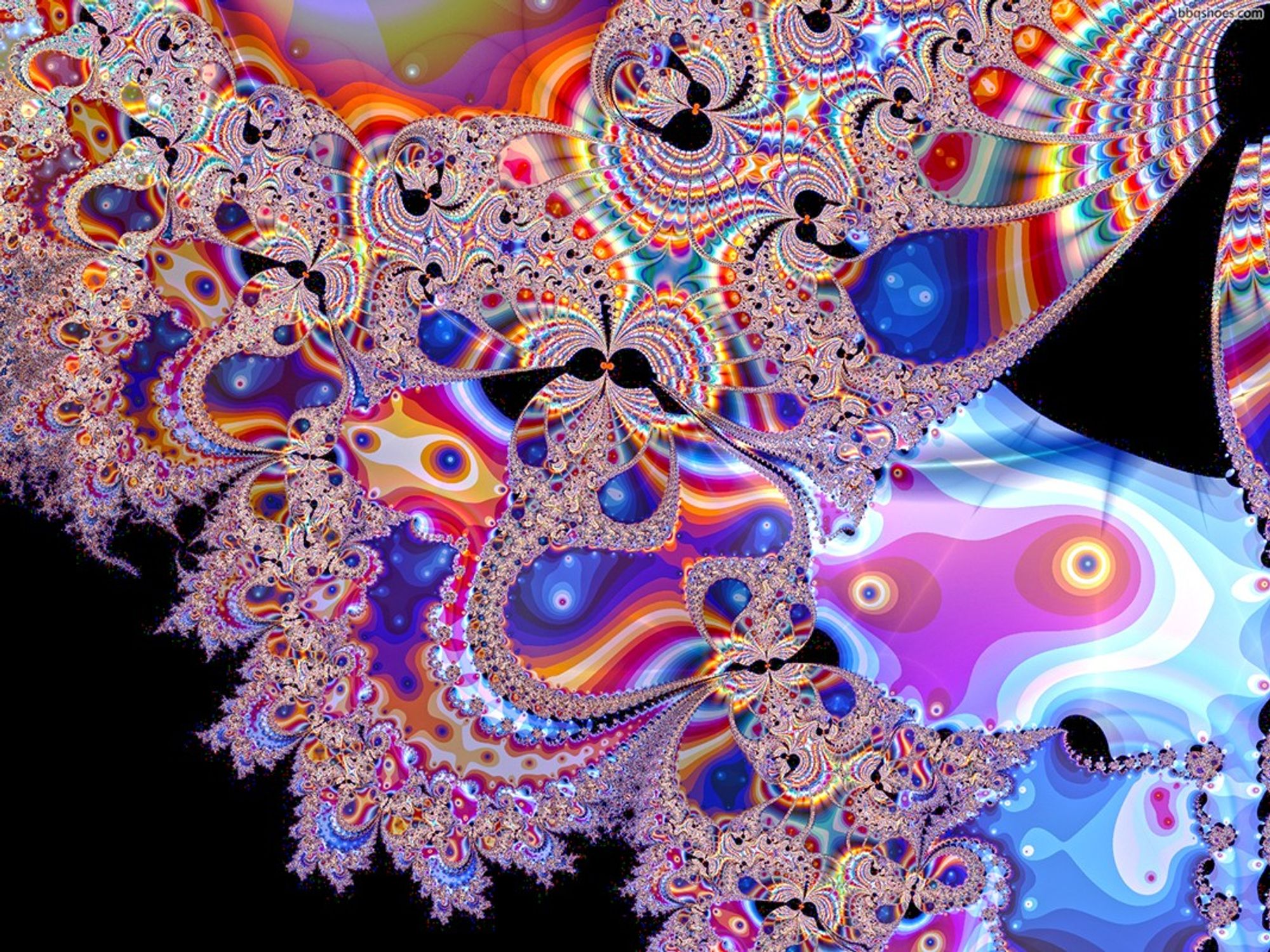 Fractal blobs in red, orange, yellow, blue and white