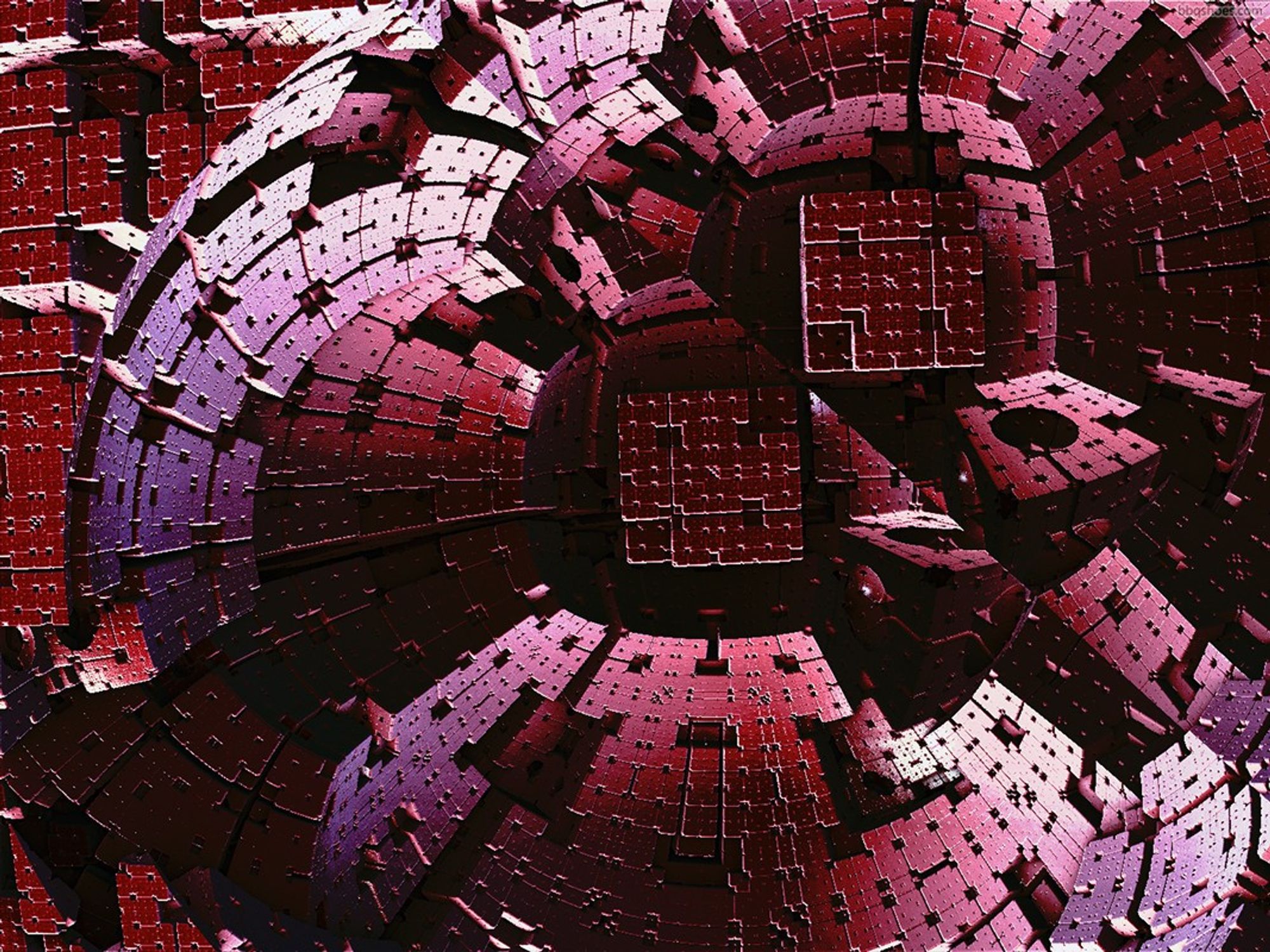 Curved mandelbulb structures with cubed sections in purple-white