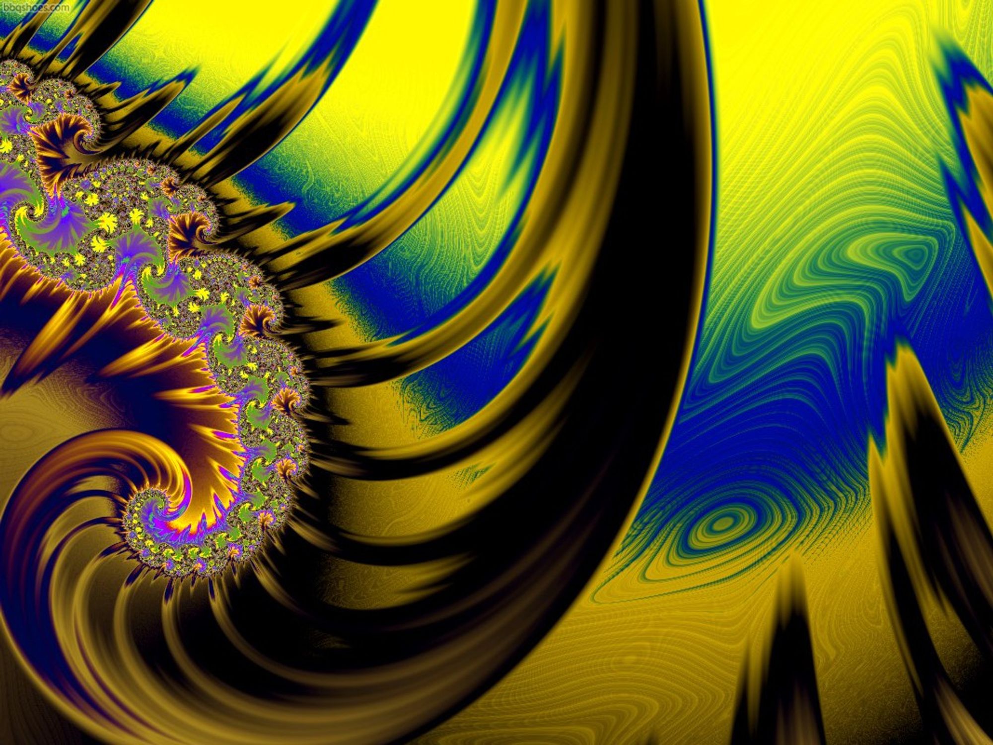 brass-gold fractal spiral with blue and green rings, lined in purple