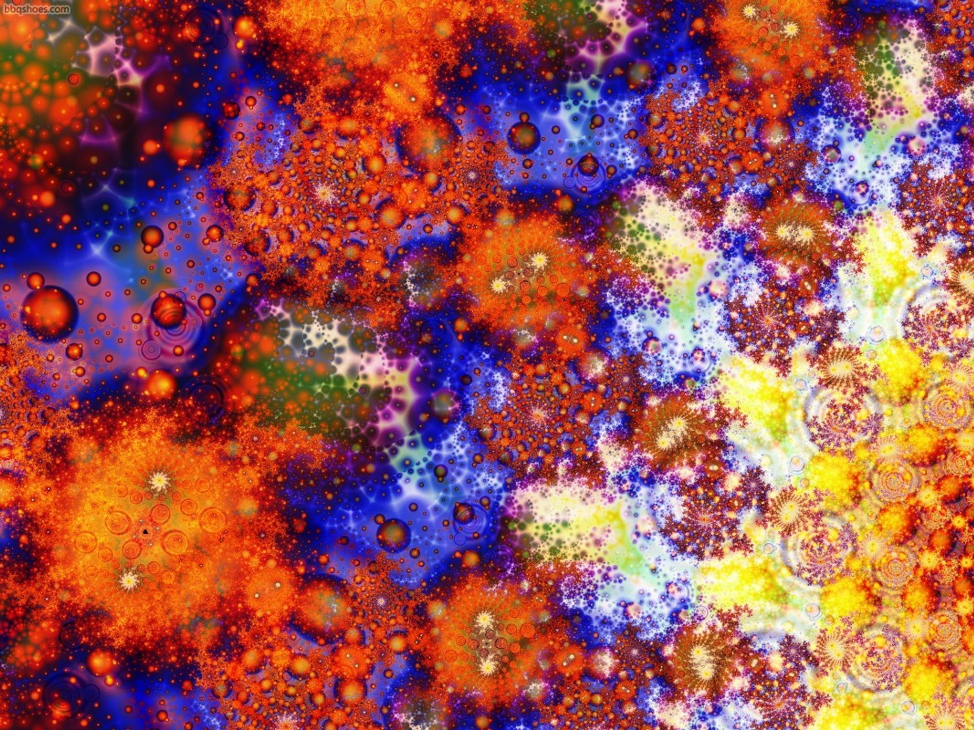 cloudy fractal liquid patterns with ripples, spirals, bubbles and fan-shaped solarized patterns in red, blue, yellow