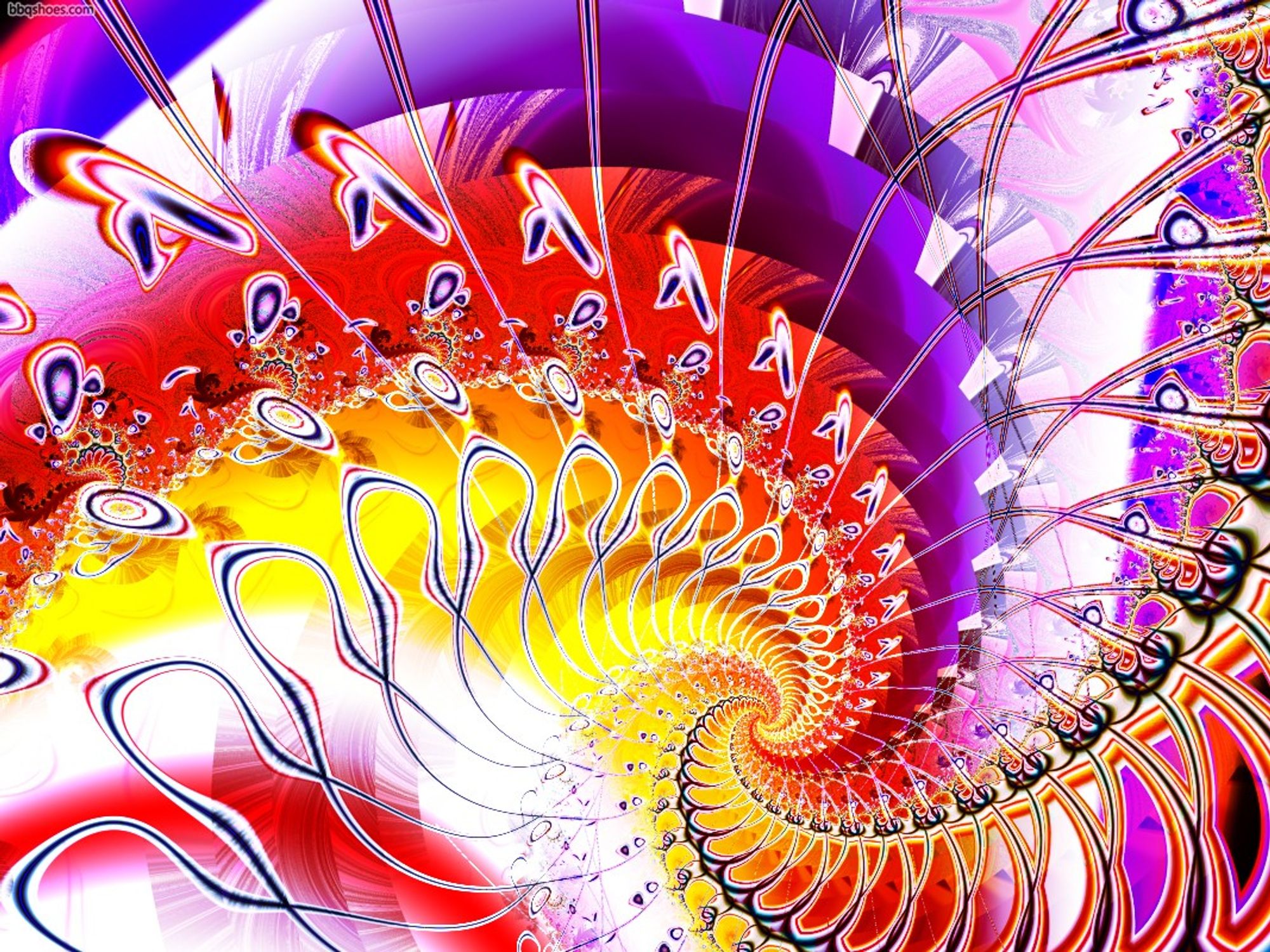 Fractal spiral in bright white, yellow, orange, red and purple, interspersed with black string-like formations