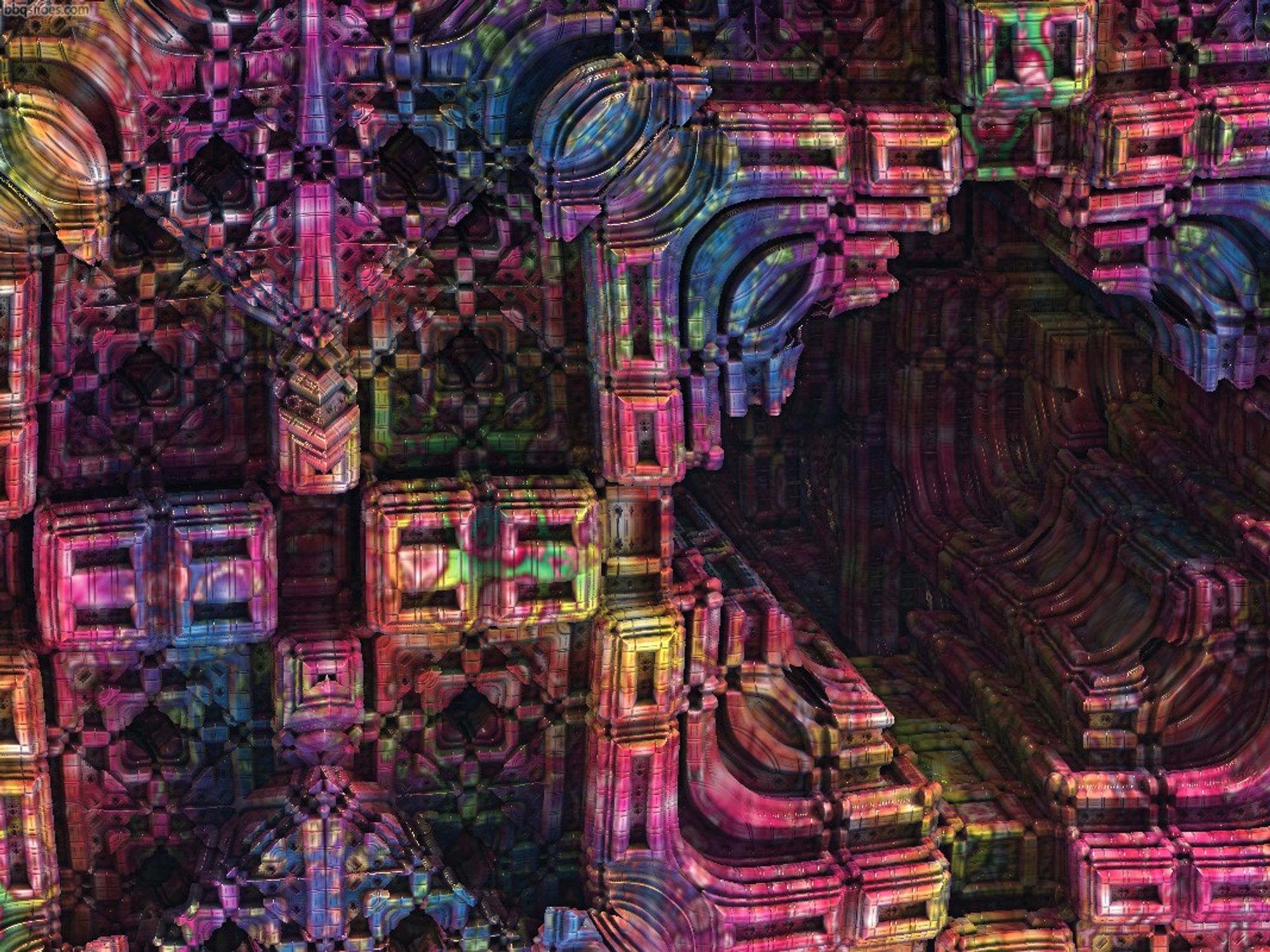 Faded rainbow coloration on Mandelbulb structure MengerSMT