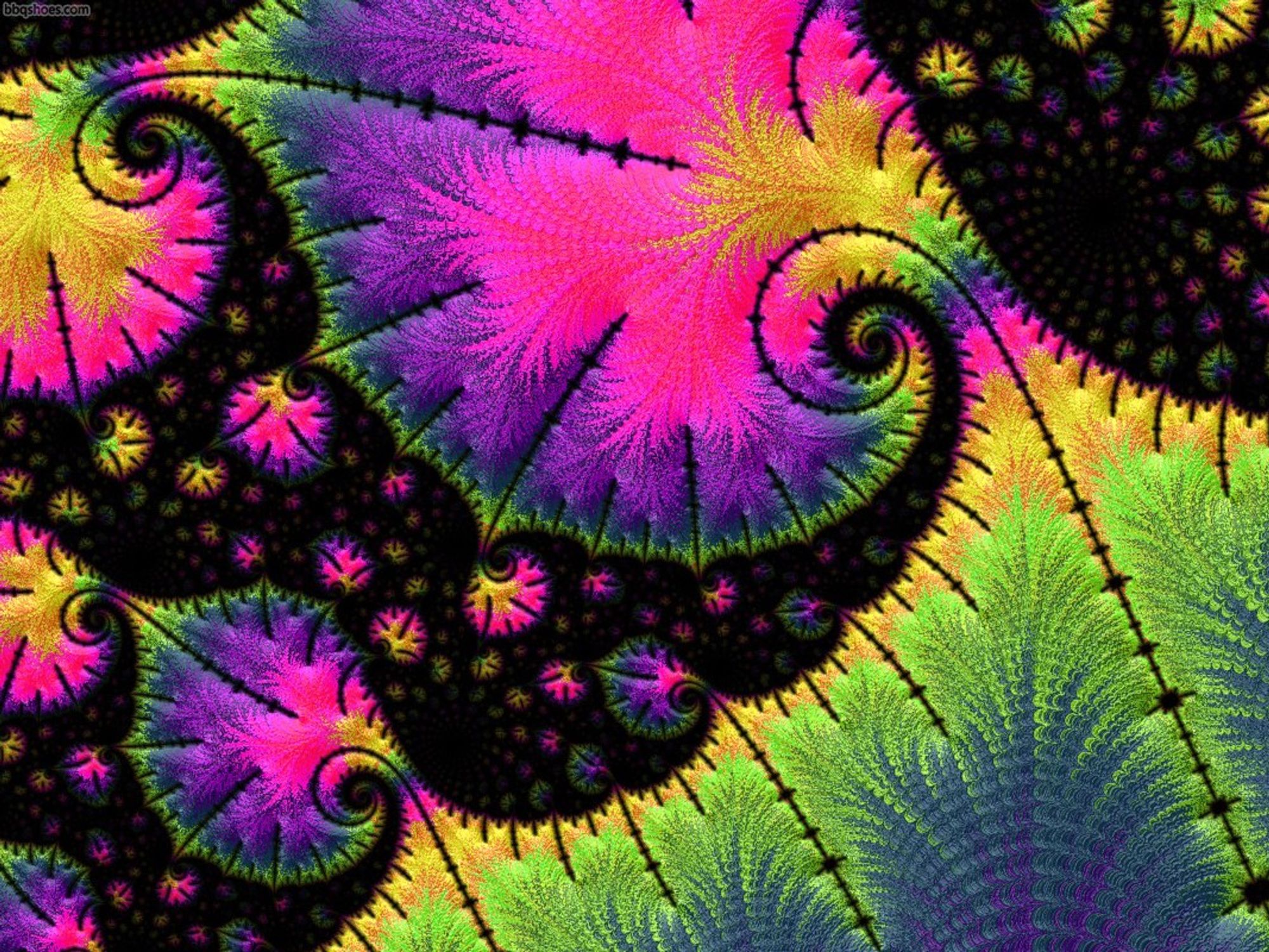 fuzzed focus julia spirals with watercolor leaf patterning in yellow, green, and blue purple pink