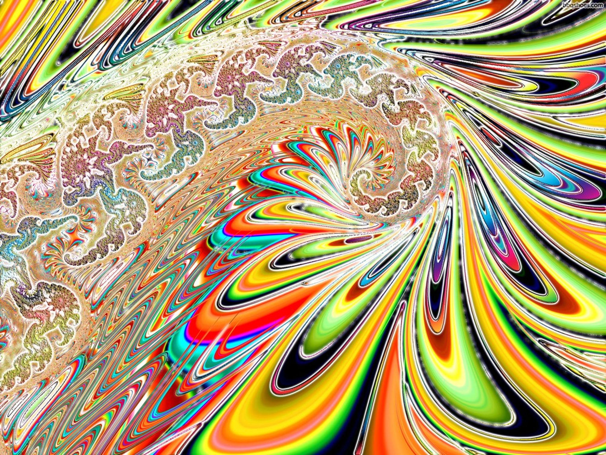 Bright and loud fractal spiral with technicolor loops of glowing orange, yellow, green, white and black containing smaller glowing julia shapes iterating down into infinity