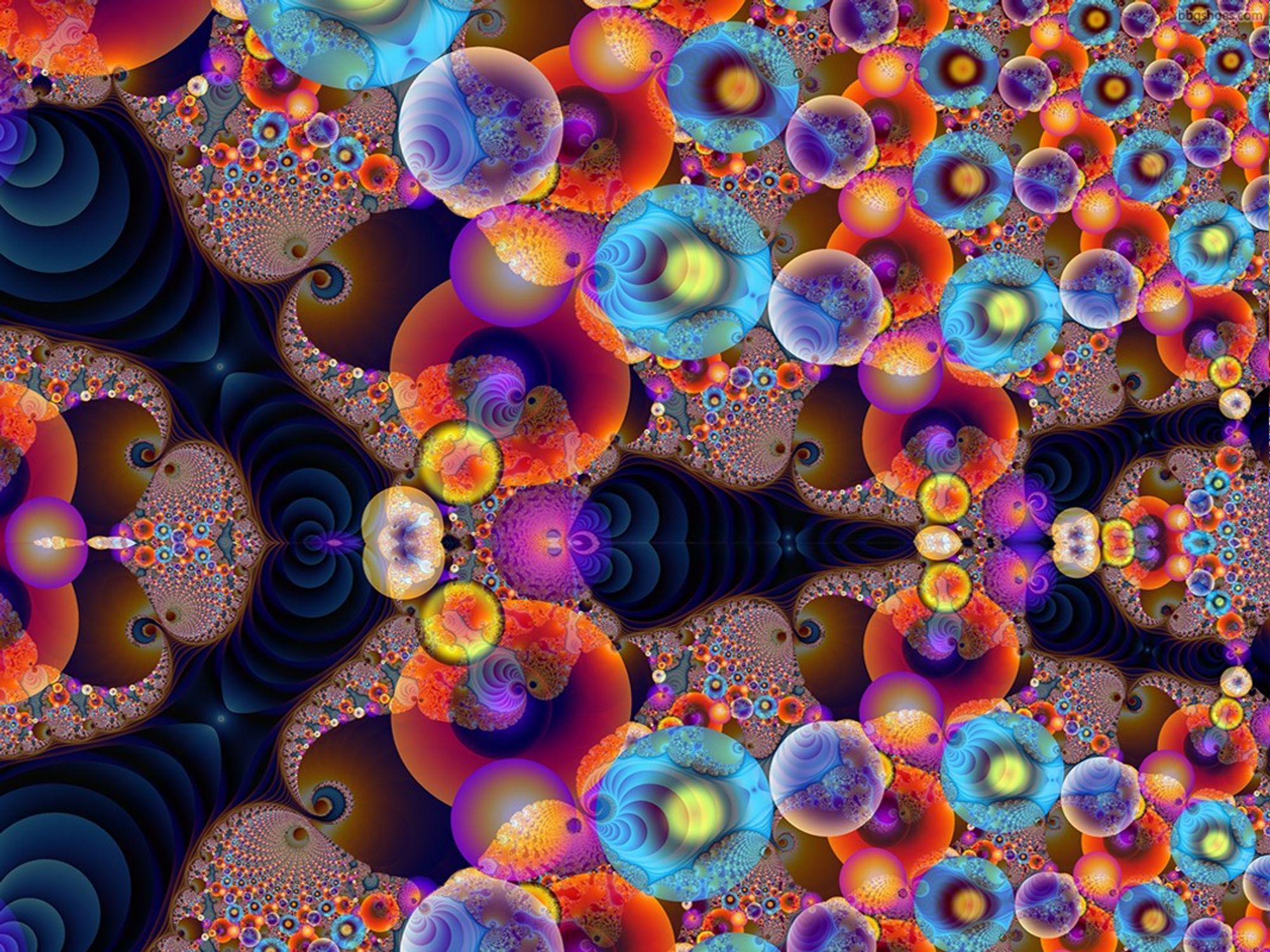 Bubble like fractal shapes and delicate spirals in blue, red and purple