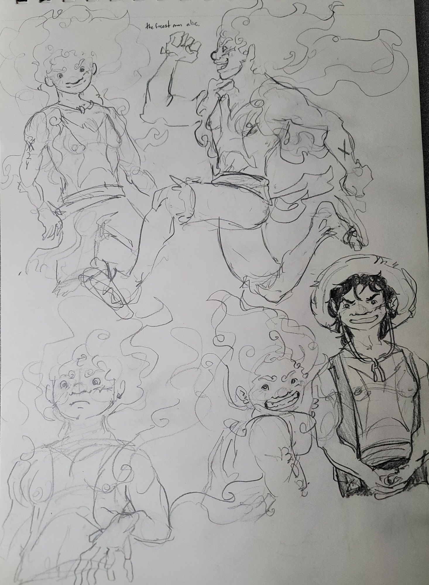 Various paper sketches of Luffy, one of which is actuallt not in gear fifth! In one he's just standing there. The second he's in the nika running pose, and third he's from a slightly lower angle, looking down and raising his hand as if to do, well, something. 

The third sketch is more of a bust and Luffy in Gear Fifth smiles cheekily over his shoulder at the viewer.

The final drawing is regular Luffyz post timeskip but in an open vest, smiling at the viewer with his hands clasped in front of him, feigning politeness. 