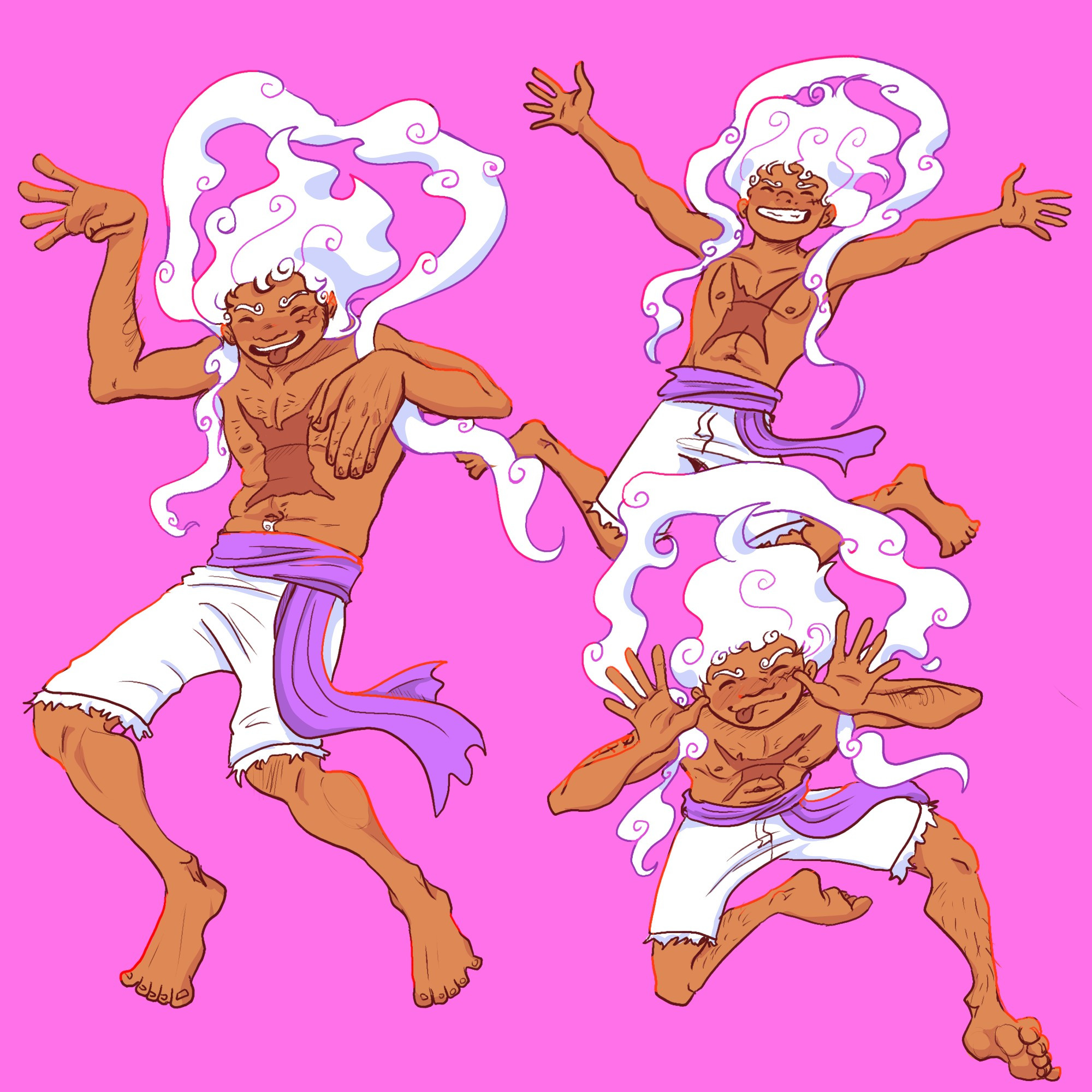 Three full-body drawings of Monkey D. Luffy in gear 5th on a bright pink background. He's only wearing his shorts and sash in all three, and is posed as if floating. 

In the first drawing he's closest to standing but his legs are bent. He's goofing around about something, wrists bent and hands posed in a silly way. His eyes are closed and his tongue is sticking out from under his top row of teeth. 

In the second drawing he's posed as if jumping for joy, arms up and out, hands splayed open and legs bent to the sides. He is grinning. 

In the third drawing, Luffy is leaned forward, legs bent as if perhaps leaping sideways, or just floating. He's got his hands splayed on either side of his face and his tongue is out again, as if very cheerfully taunting. 