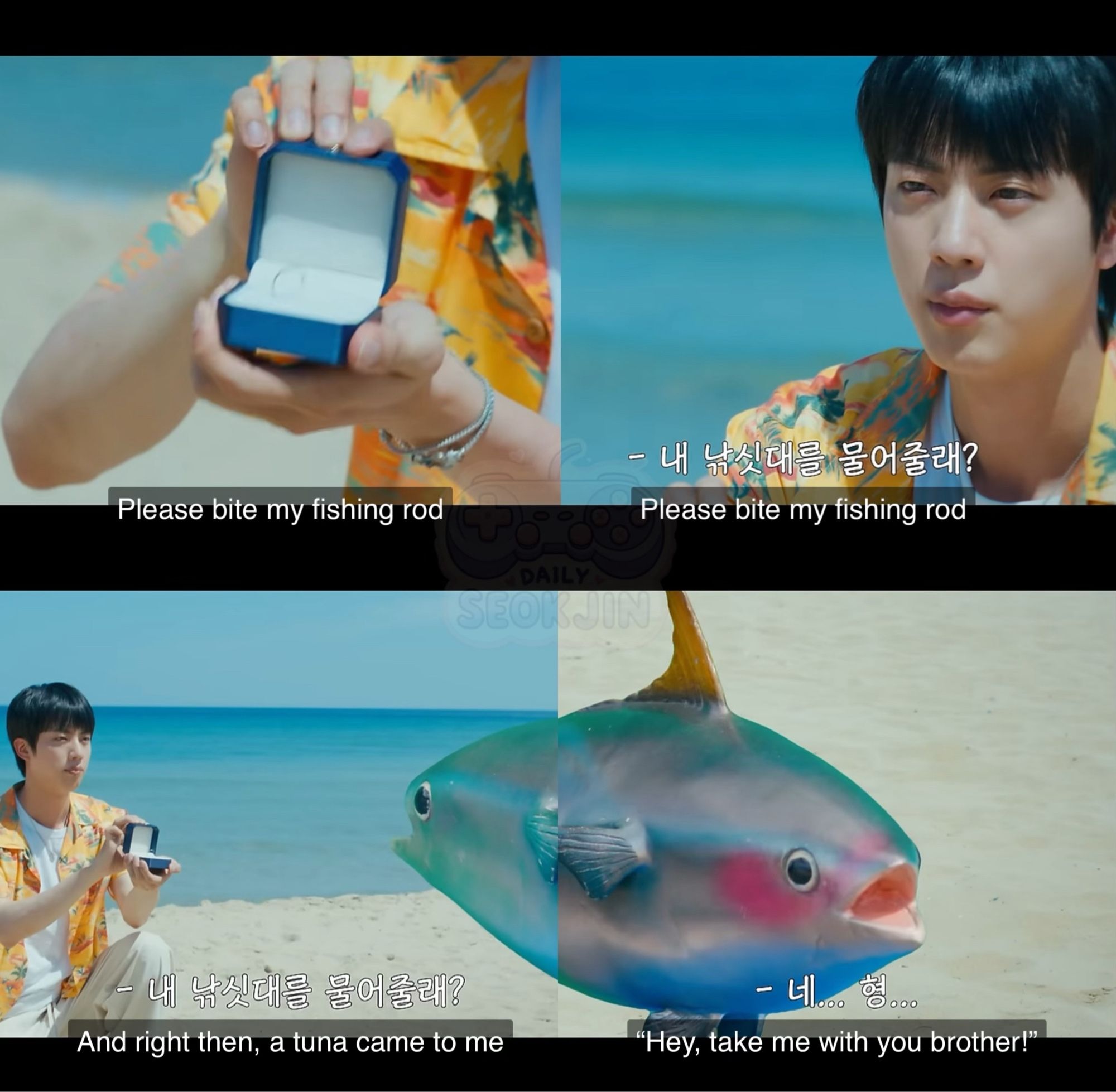 Photo sequence of Seokjin proposing to a Tuna