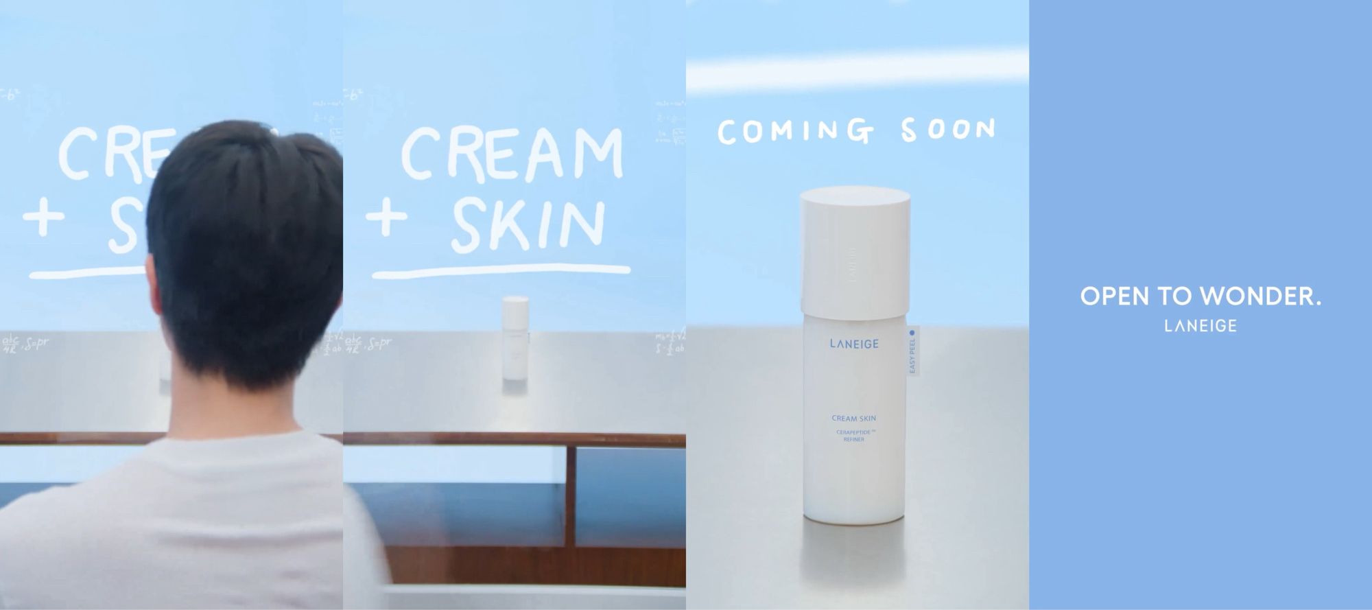 Four-panel promotional image featuring BTS member Jin with his back turned, gazing at a screen displaying 'Cream + Skin' text. The next panels reveal a Laneige 'Cream Skin' product with the phrases 'Coming Soon' and 'Open to Wonder' alongside the product. The background has a light blue theme, aligning with the Laneige brand aesthetic.