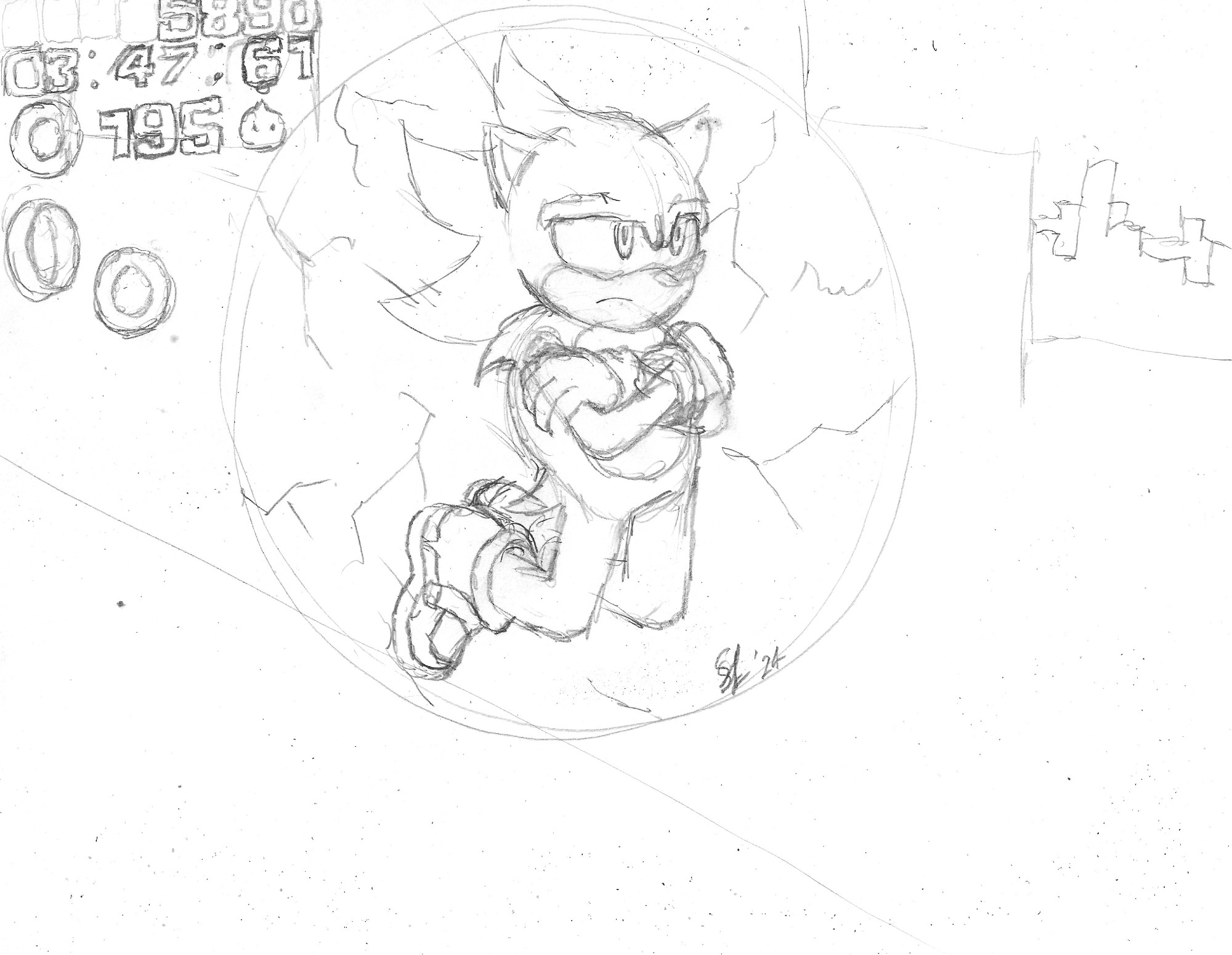 Sonic trying to escape from the city, but the tech wouldn't let him do it fast.