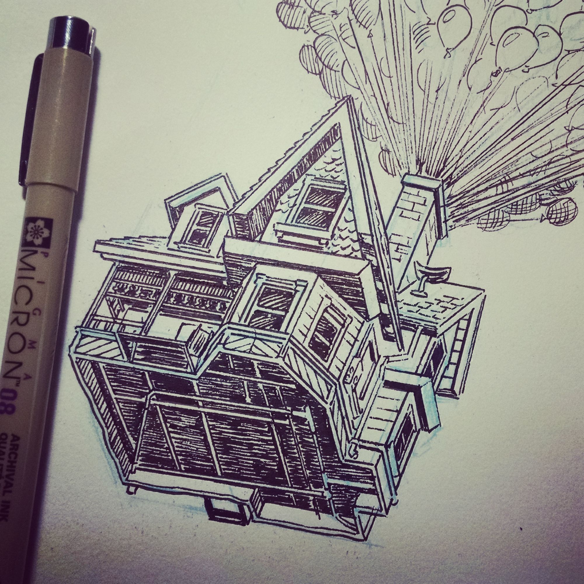 ink drawing of the house from UP next to the tool that rendered it, a Micron.