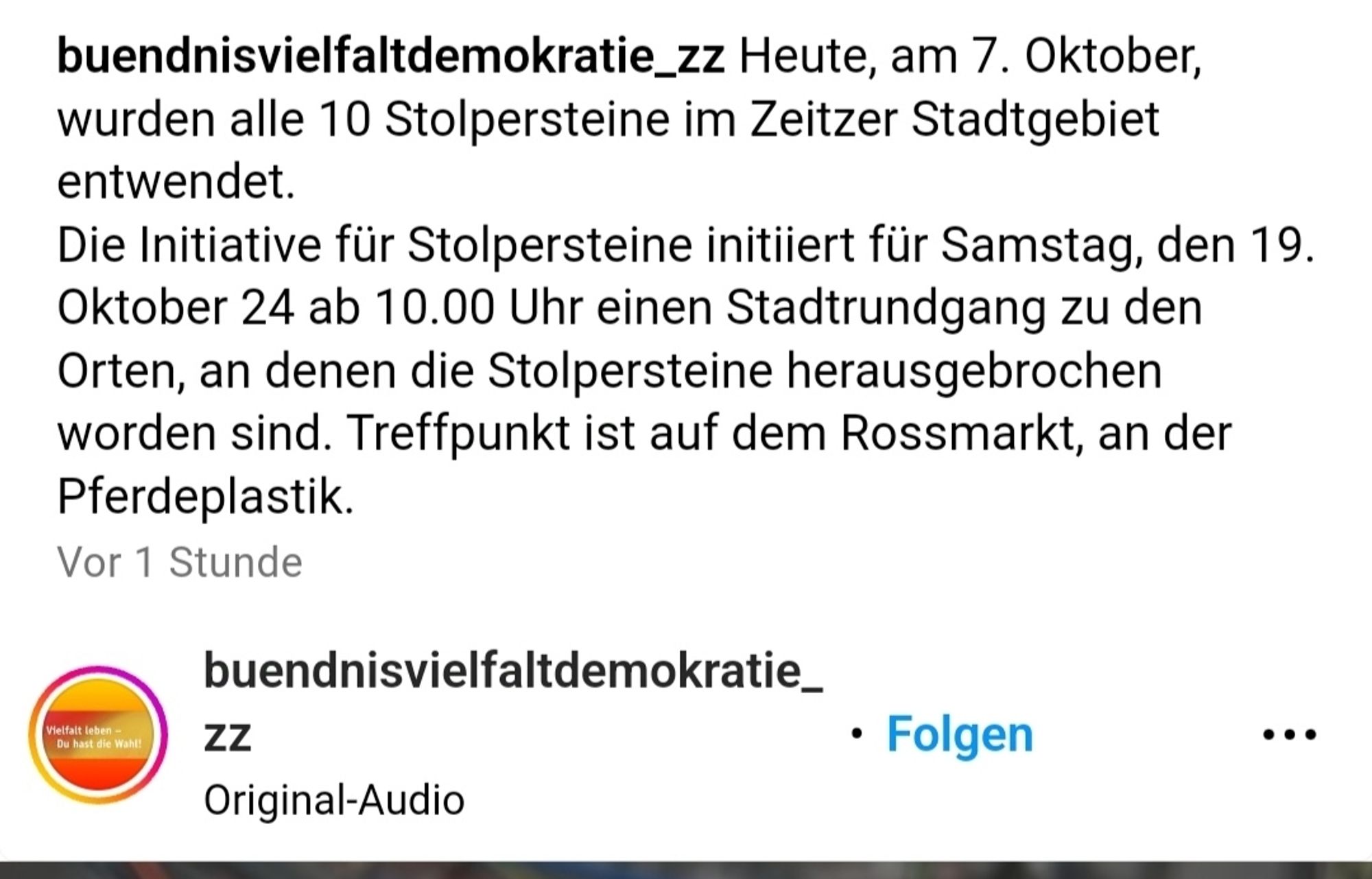 Screenshot Instagram:
buendnisvielfaltdemokratie_zz Heute, am 7. Oktober, wurden alle 10 Stolpersteine im Zeitzer Stadtgebiet entwendet.

Die Initiative für Stolpersteine initiiert für Samstag, den 19. Oktober 24 ab 10.00 Uhr einen Stadtrundgang zu den Orten, an denen die Stolpersteine herausgebrochen worden sind. Treffpunkt ist auf dem Rossmarkt, an der Pferdeplastik.

Vor 1 Stunde

buendnisvielfaltdemokratie_

Vielfalt leben- Du hast die Wahl!