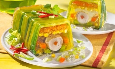 An aspic. Basically a jello mould with food in it. No one wants food suspended in savory jello but here we are.