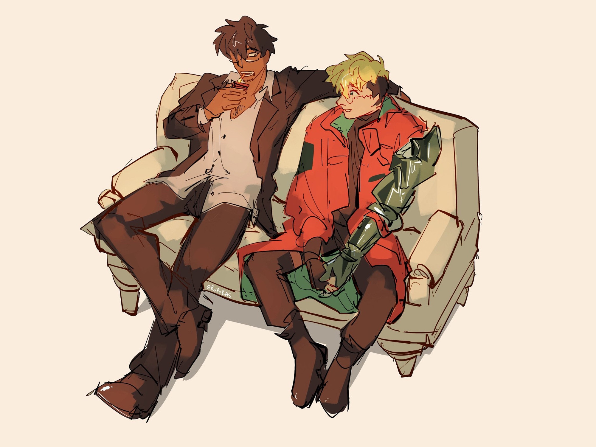 trigun stampede fanart. wolfwood and vash are  sitting casually on a white couch, seemingly talking with each other.