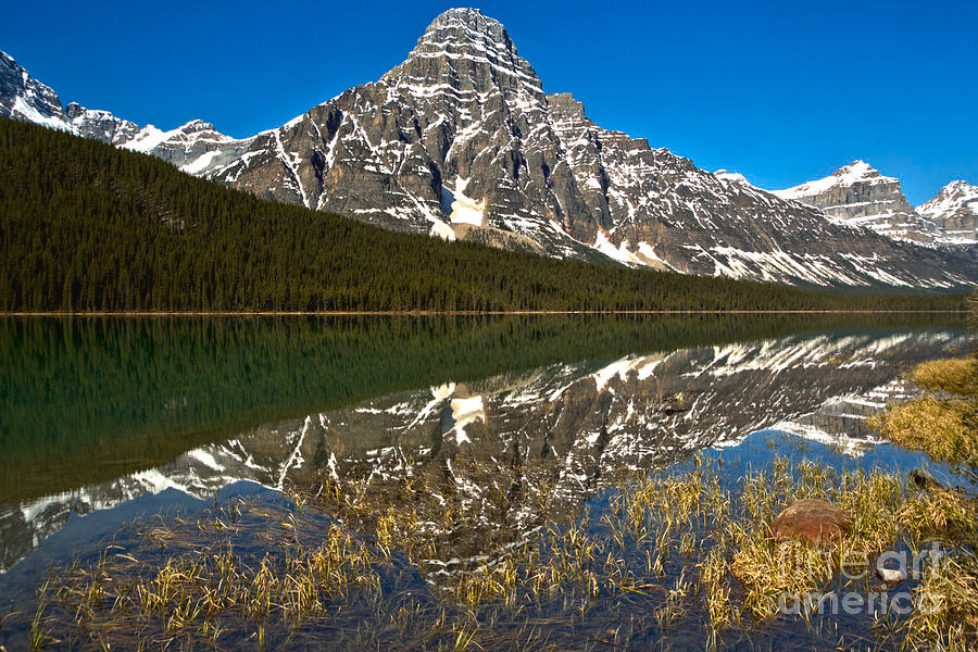 Mt Chephren reflects in Waterfowl Lakes along the Icefields Parkway at Banff National Park on a perfectly calm early summer day in Alberta, Canada.  Photo by Adam Jewell.  Buy prints, puzzles, fleece blankets and more at https://adamjewell.com/featured/waterfowl-lake-reflections-adam-jewell.html