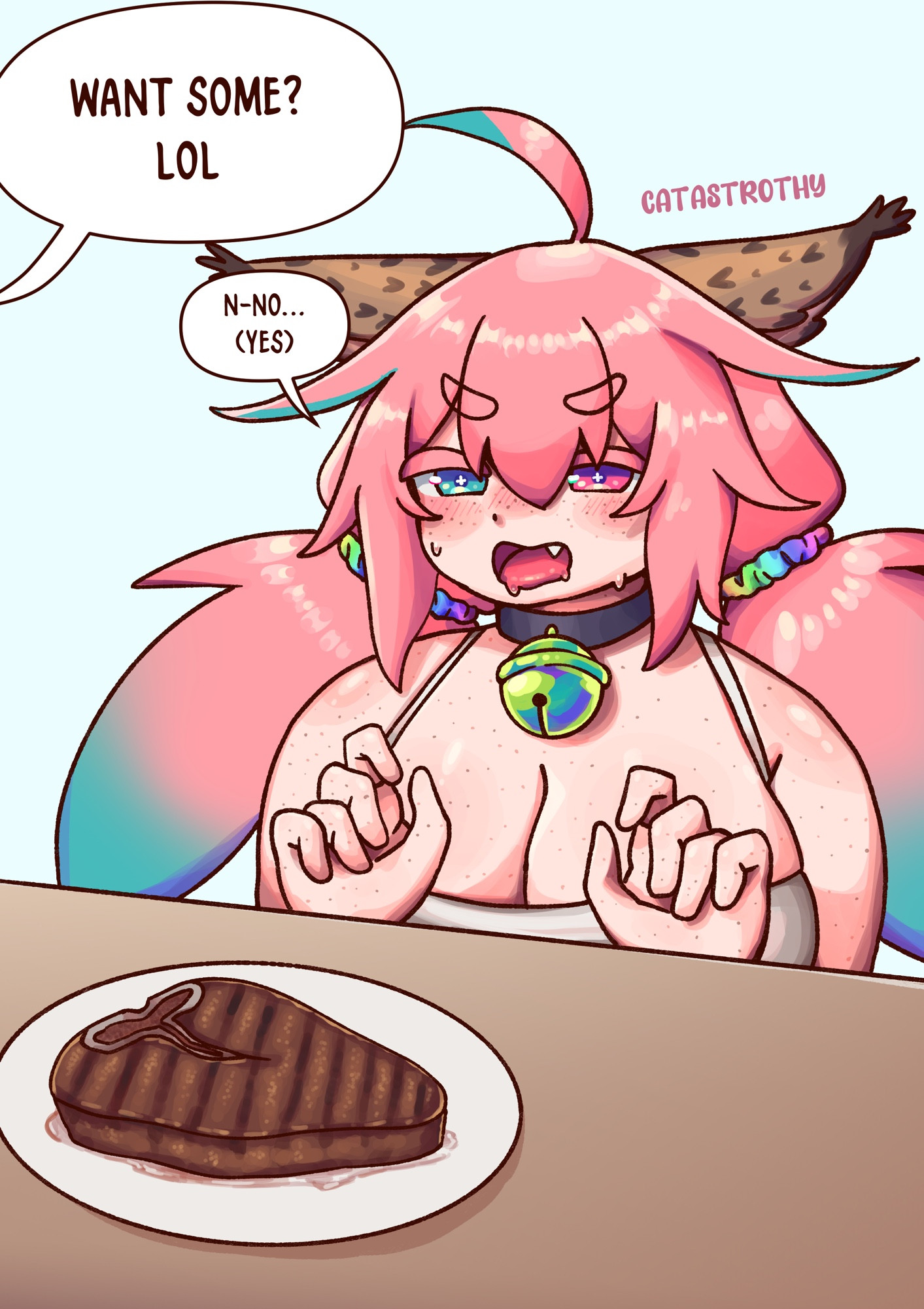 cyan drooling over steak at a table. she has long pink twintails and is wearing a white spaghetti strap top and rainbow scrunchies in her hair. there are two dialogue bubbles. the first one says “Want some? Lol”. the second one says “N-No… (yes)”