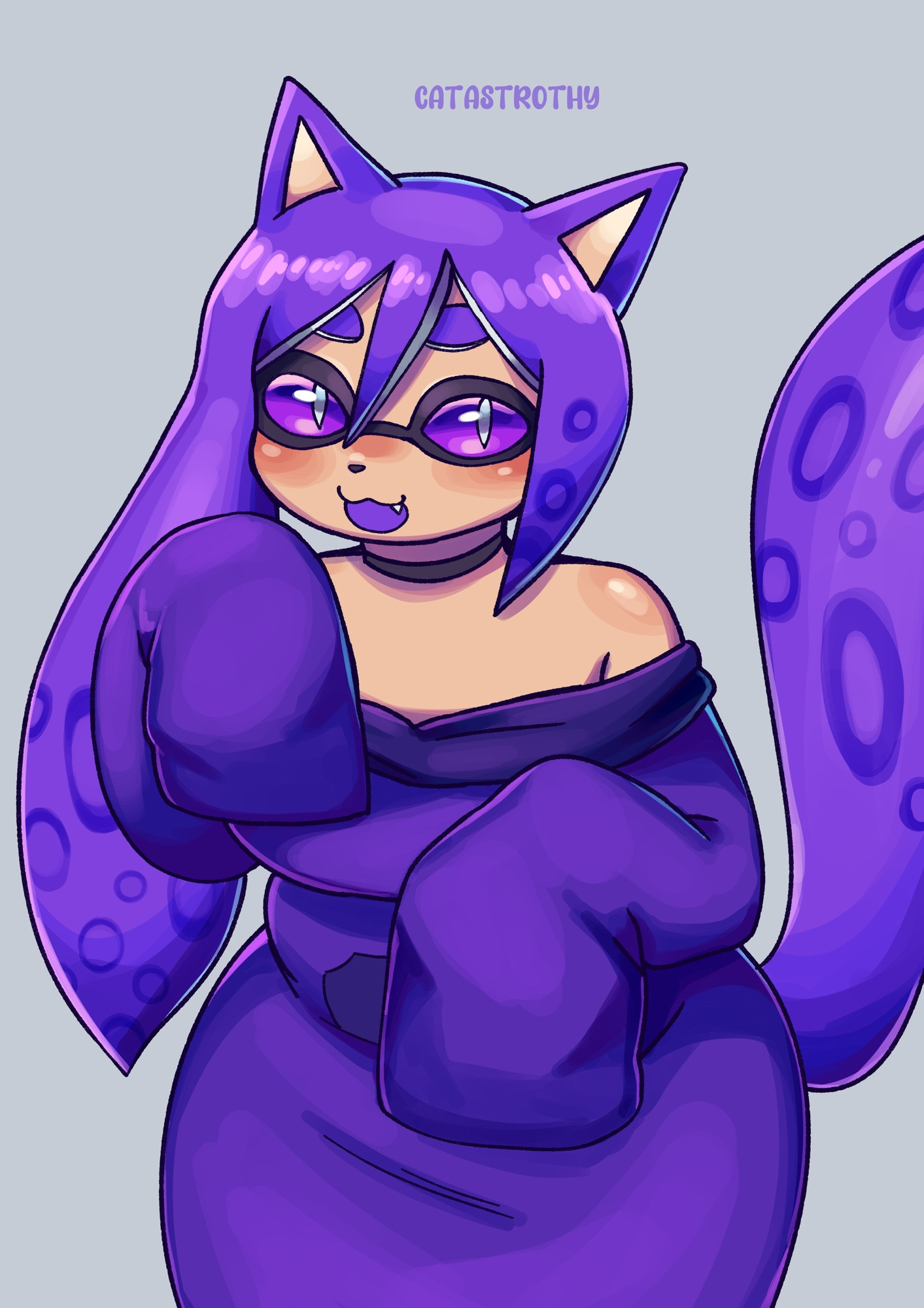 illustration of a purple splatoon cat inkling hybrid wearing an oversized hoodie dress