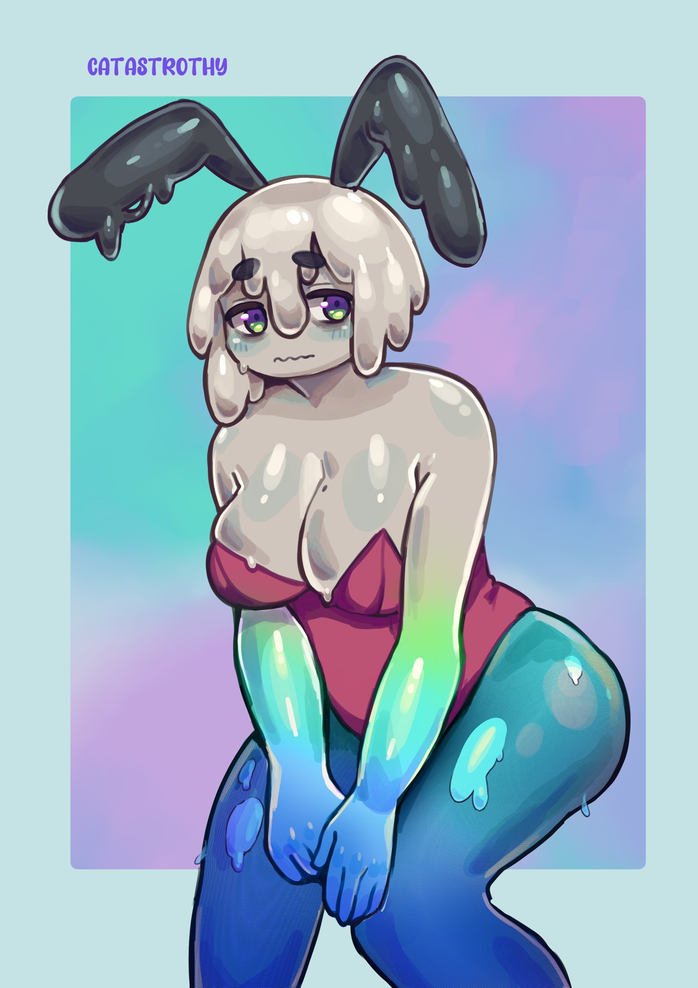 illustration of a gray and blue slime girl in a dark pink playboy bunny suit with ripped see through tights