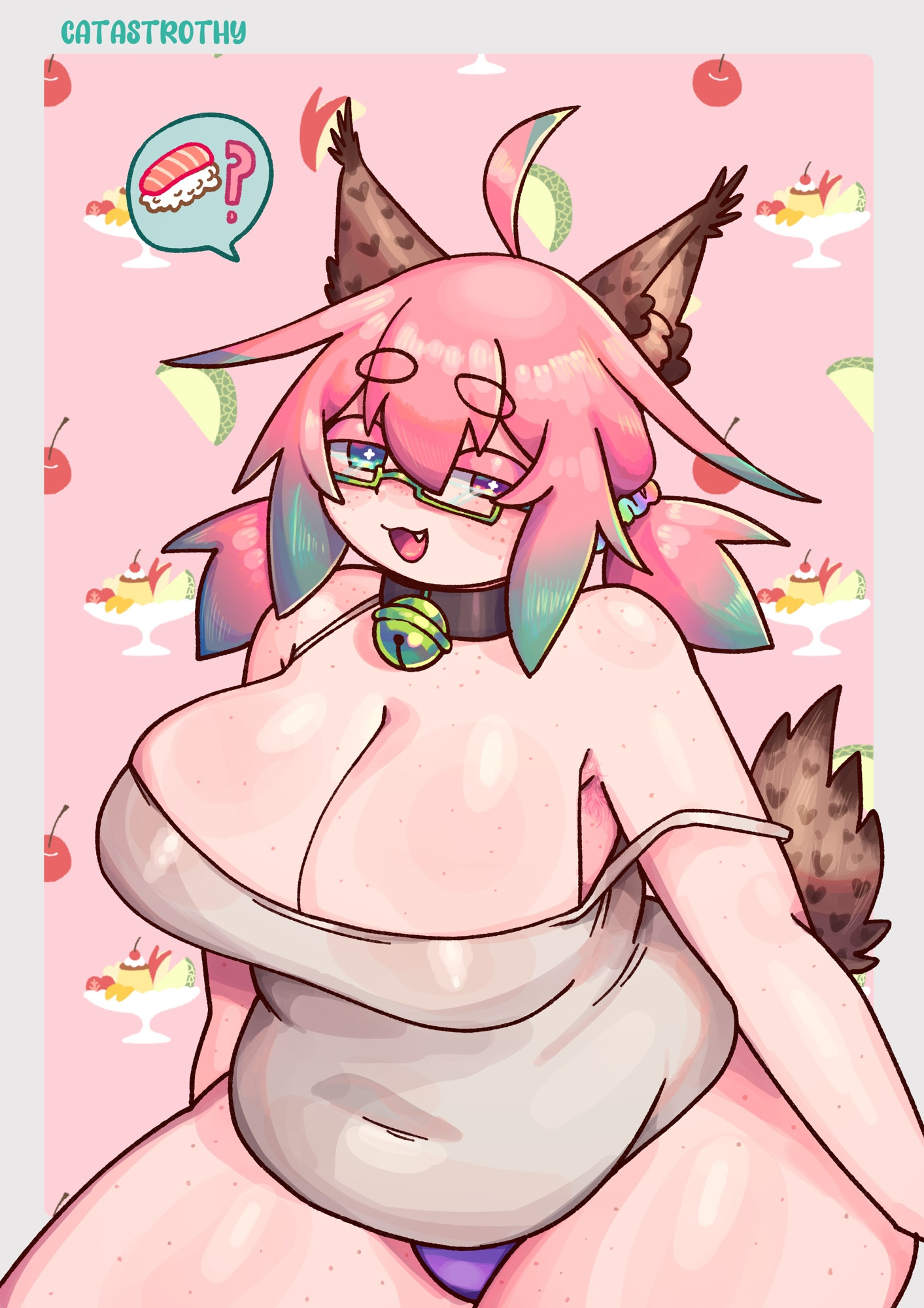 cyan wearing green glasses and a white spaghetti strap shirt asking for sushi. she is fat with pink and blue hair. she has the ears and tail of an american lynx