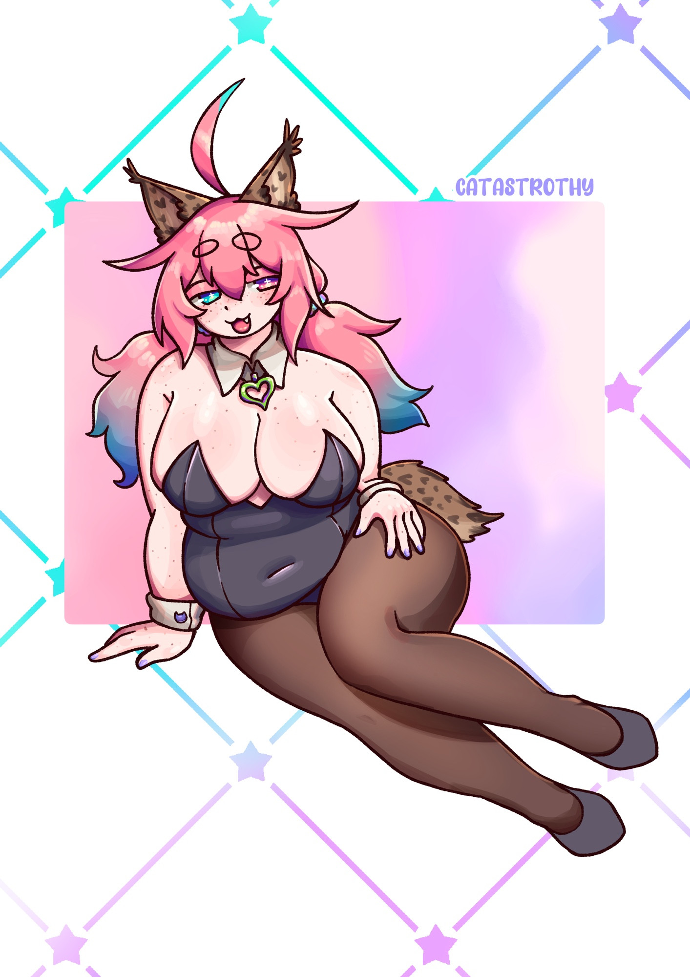 Cyan lounging over an abstract pink and purple background. she is wearing a blackplayboy bunny suit with dark tights and heels. she is fat with long pink and blue twintails and the ears and tail of an american lynx. her mouth is open and her head is leaning to her right a little. her left hand is resting on her thigh