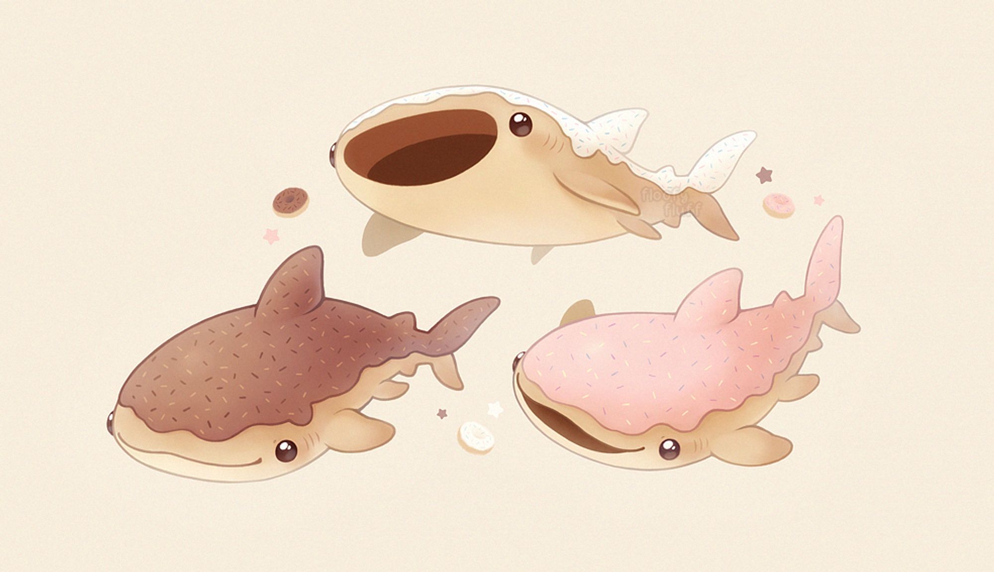 An illustration of three cute donut whale sharks swimming in a triangular formation against a cream-coloured background. Each whale shark has sugar frosting and sprinkles on top, and are chocolate, sugar and strawberry flavoured. Small donuts and stars of the same flavours are floating around them.