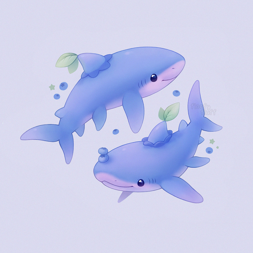 An illustration of two blue sharks swimming over a flat blue background. Their colours are like those of blueberries: soft, pastel blues and lilacs. Their dorsal fins have leaves on the top, and the base has a crown that looks like the top of a blueberry. There are small blueberries scattered and floating around them. The sharks are smiling happily.