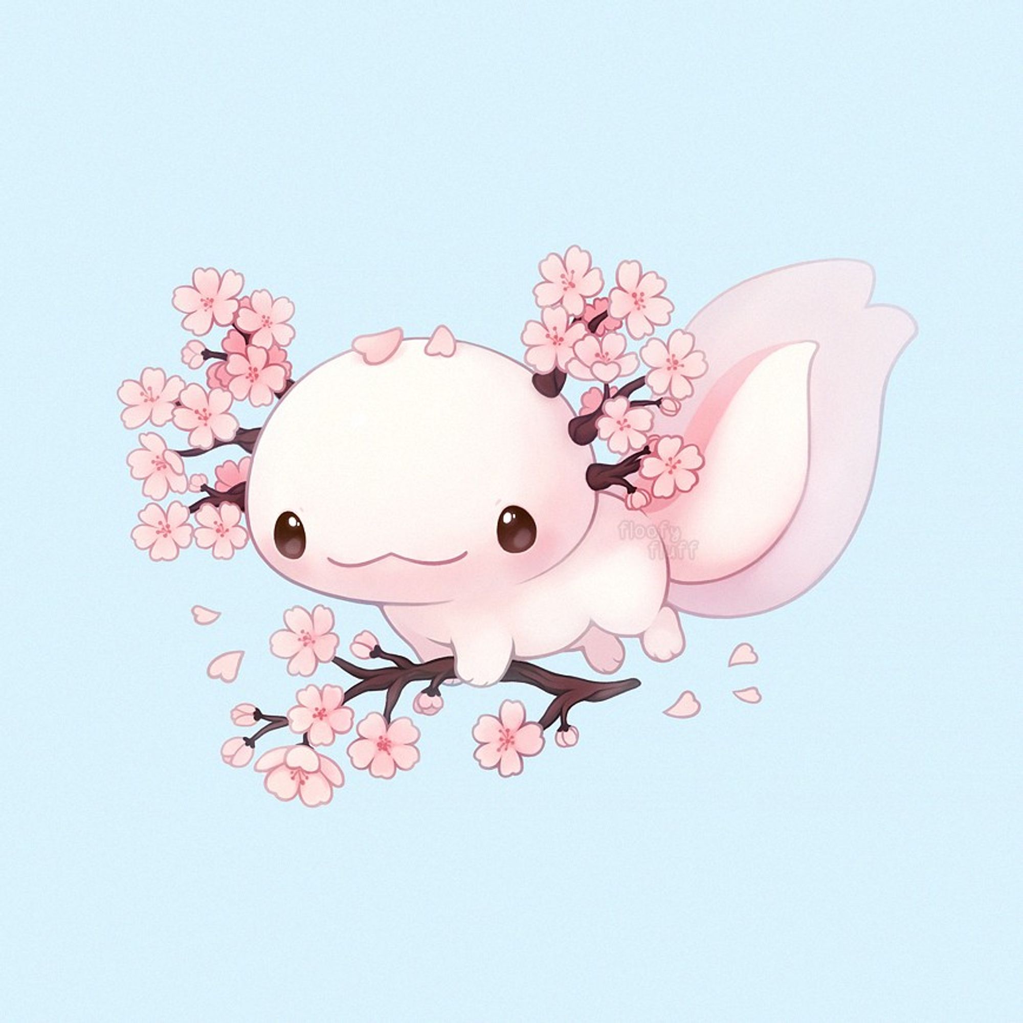 An illustration of a pink-coloured axolotl against a soft blue background. Instead of the usual gills around the head, it has blooming cherry blossom branches sprouting. The tail is shaped like one large cherry blossom petal. It is swimming horizontally, and is holding a cherry blossom branch with its little hands. It is smiling sweetly, with pink petals floating underneath. Some of those petals are delicately resting on top of the head too.