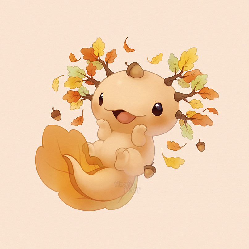 A cute orange-coloured axolotl illustration. Its gills have been stylised to look like autumn oak leaves in orange, yellow and green colours. Its tail fin is also shaped like a large orange oak leaf. Its front paws are happily holding its cheeks, and it is smiling widely. It has an acorn on its head, and a few acorns are floating around it. The illustration has a nice, cosy vibe to it.