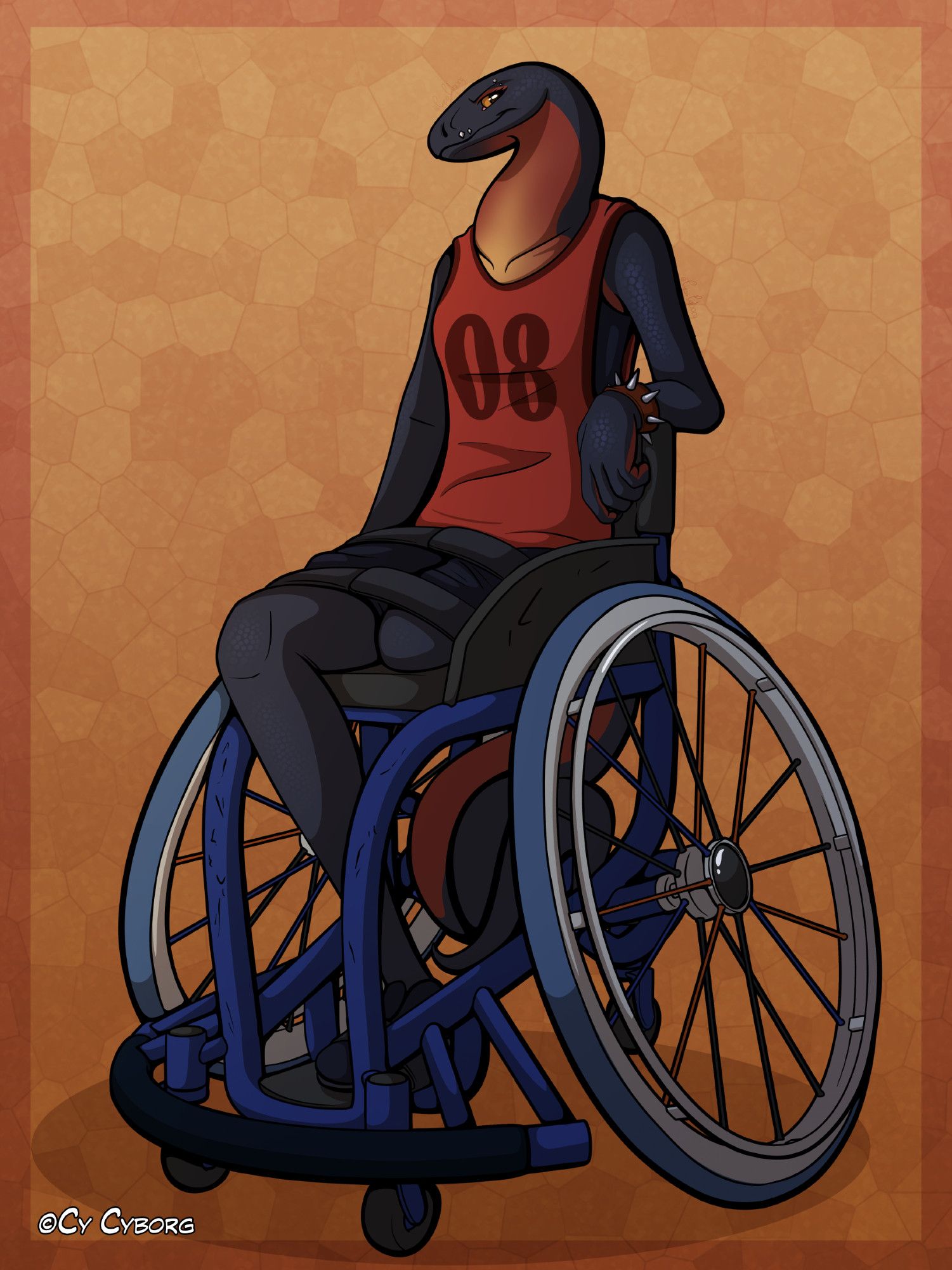 A digital illustration of an anthropomorphic Red Bellied Black Snake with one leg, sitting in a blue basketball wheelchair. The snake character has black scales and a red underbelly that fades to an orange-yellow. She is wearing a red jersey with the number "08" on her chest and wearing black basketball shorts, though they're mostly obscured by the two Velcro straps across her lap, holding her into the wheelchair. She is leaning against the backrest of her chair, looking down and smiling at the viewer. Her wheelchair is blue, tall and has wheels that slant outwards. It is dented and scratched, and is slightly to small for her remaining leg.