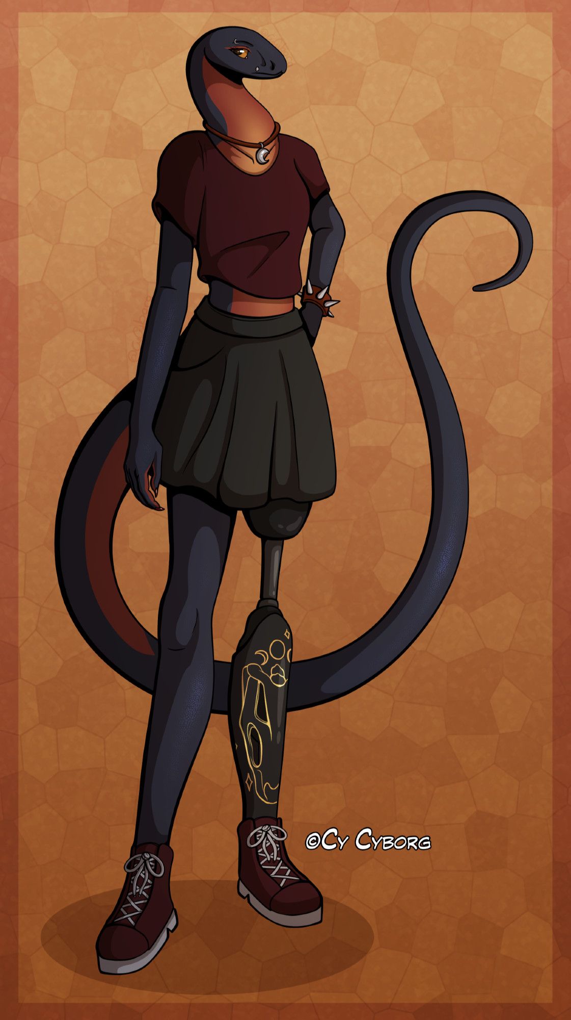 an illustration of the same character, standing up with a prosthetic leg on. In this image, she is wearing a red necklace with a silver moon pendant, a dark red, loose t-shirt that exposes her belly slightly, a short black skirt and red shoes. Her prosthetic is dark grey, the lower half has a black cover with an image of a snake's skull drawn in gold.