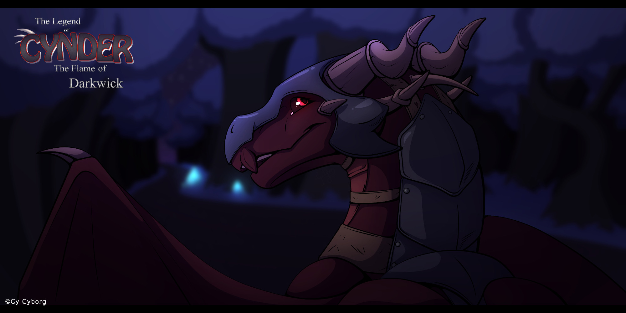 An image of Valori, a dark red dragoness with bright red eyes, wearing dark, metal armour, looking back at the viewer. In the background is a forrest of trees with blue leaves at nighttime.