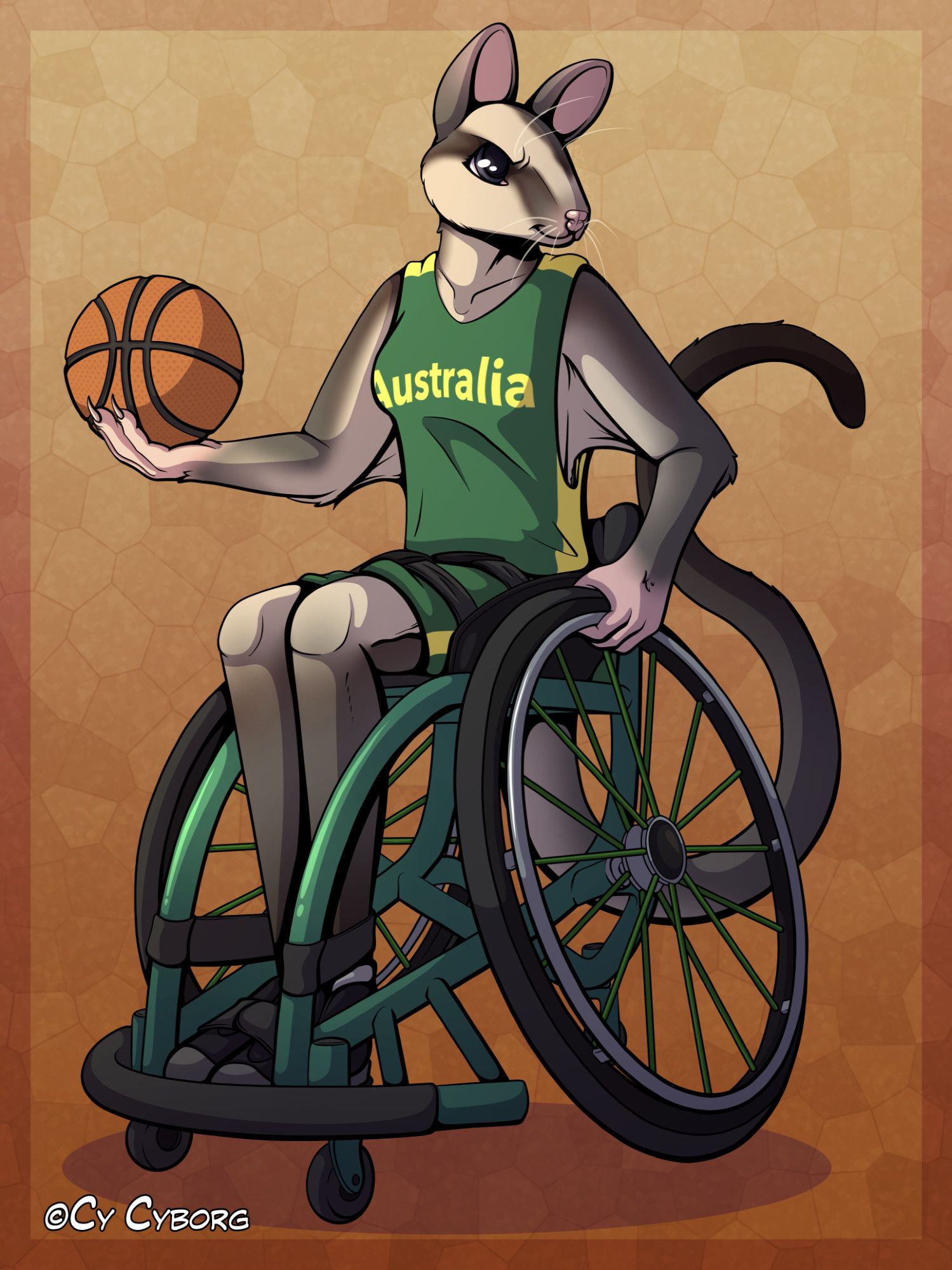 A digital, cell-shaded illustration of an anthropomorphic sugar-glider wearing a green and gold Australian basketball singlet, holding an orange basketball in her right hand, as though she is getting ready to throw it. She is sitting in a teal high-pointer's basketball wheelchair, which is a tall with slanted wheels.