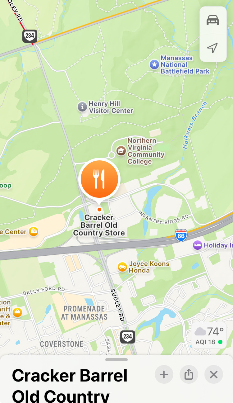 Cracker Barrel Manassas location on a map. Clearly NOVA’s No. 1 Cracker Barrel location.