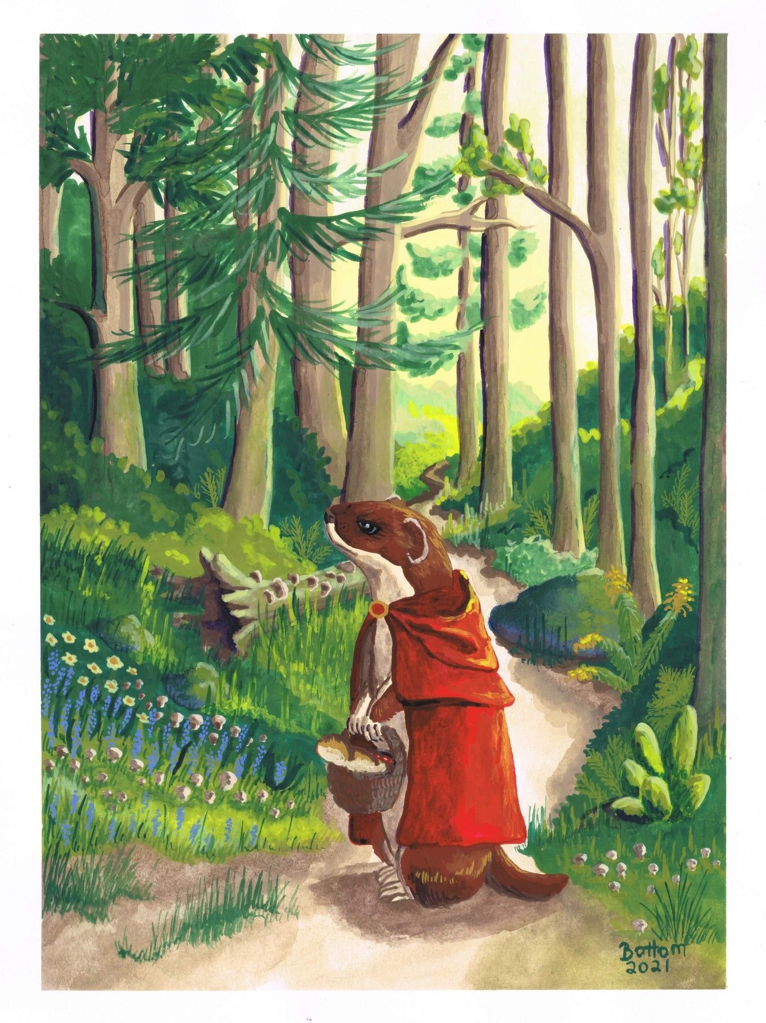 Illustration of a Stoat in a red cape carrying a basket of goodies through a forest.