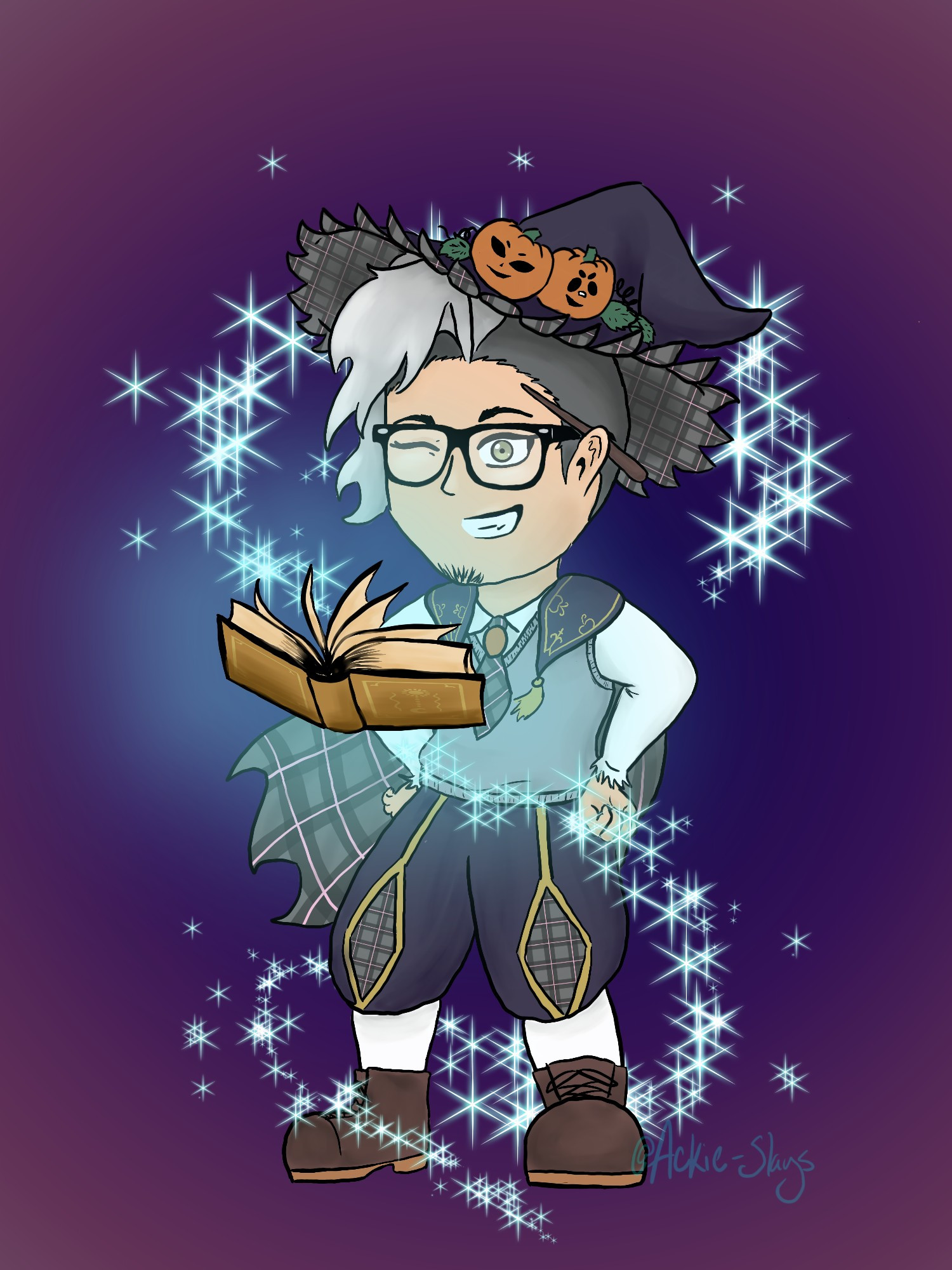 Young man with silver hair and nerdy glasses dressed as a wizard in the style of the official art by Demon Slayer. Sparkles surround him. There's a floating book. He's winking. 