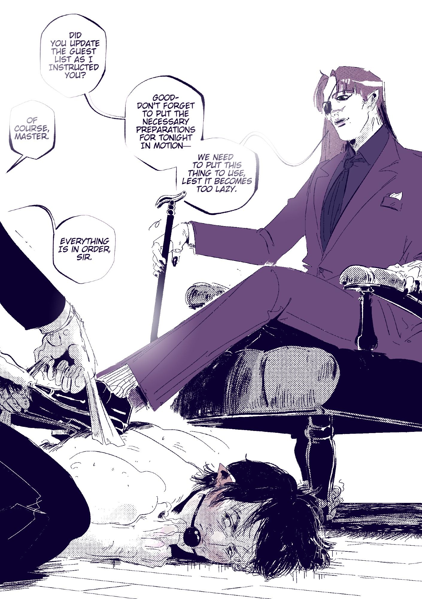 A vampire is leaning against a chair while having his shoes shined by his butler. His shoes are propped on top of another vampire, who serves as his current footrest/carpet.