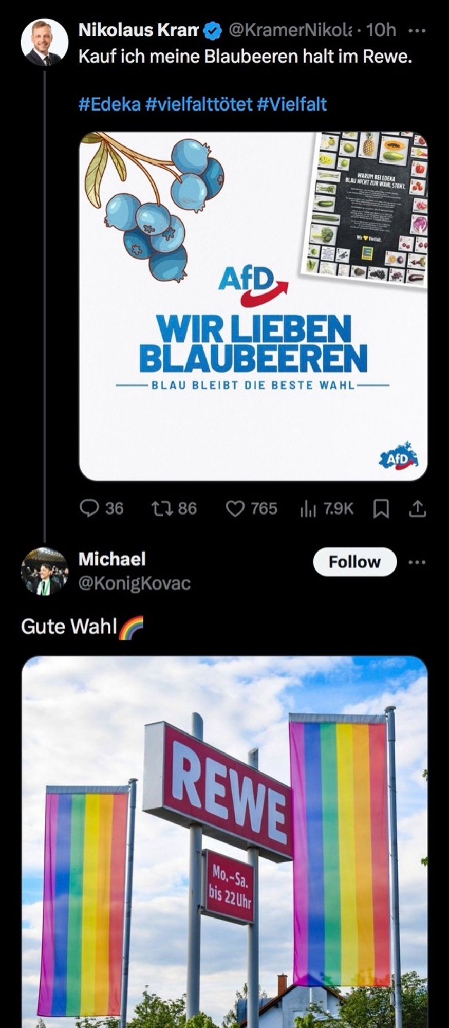 AfDler schreibt zu einem AfD-Sharepic mit dem Slogan „Wir lieben Blaubeeren“ bei X, dass er seine Blaubeeren bei Rewe kauft. Jemand anders kommentiert darunter „Gute Wahl“ und zeigt ein Foto von zwei Regenbogenflaggen vor einem Rewemarkt.