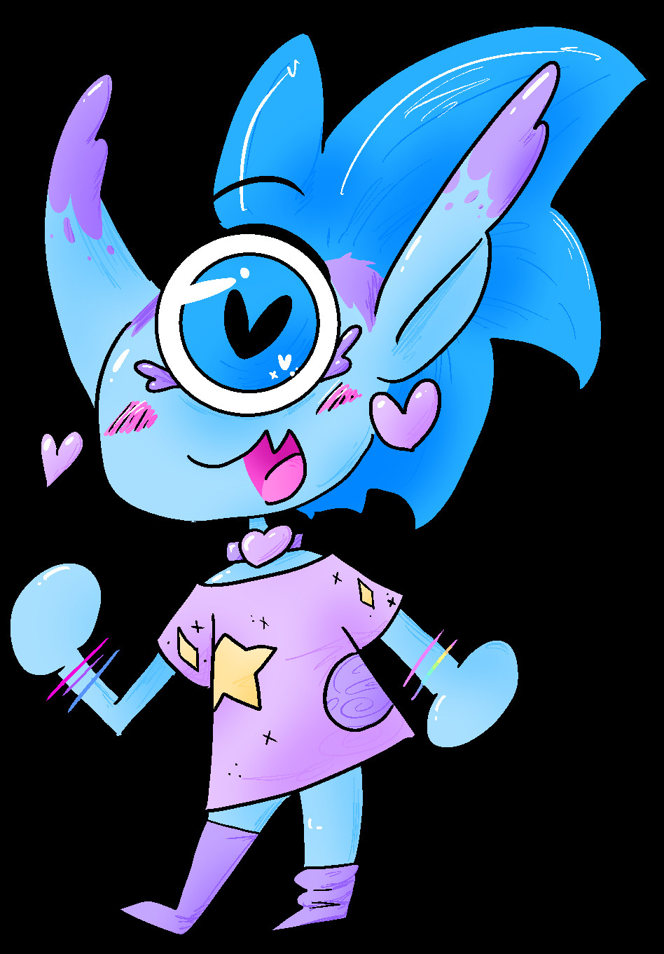 little blue-skinned cyclops wearing cute pastel clothes and has a blue mohawk