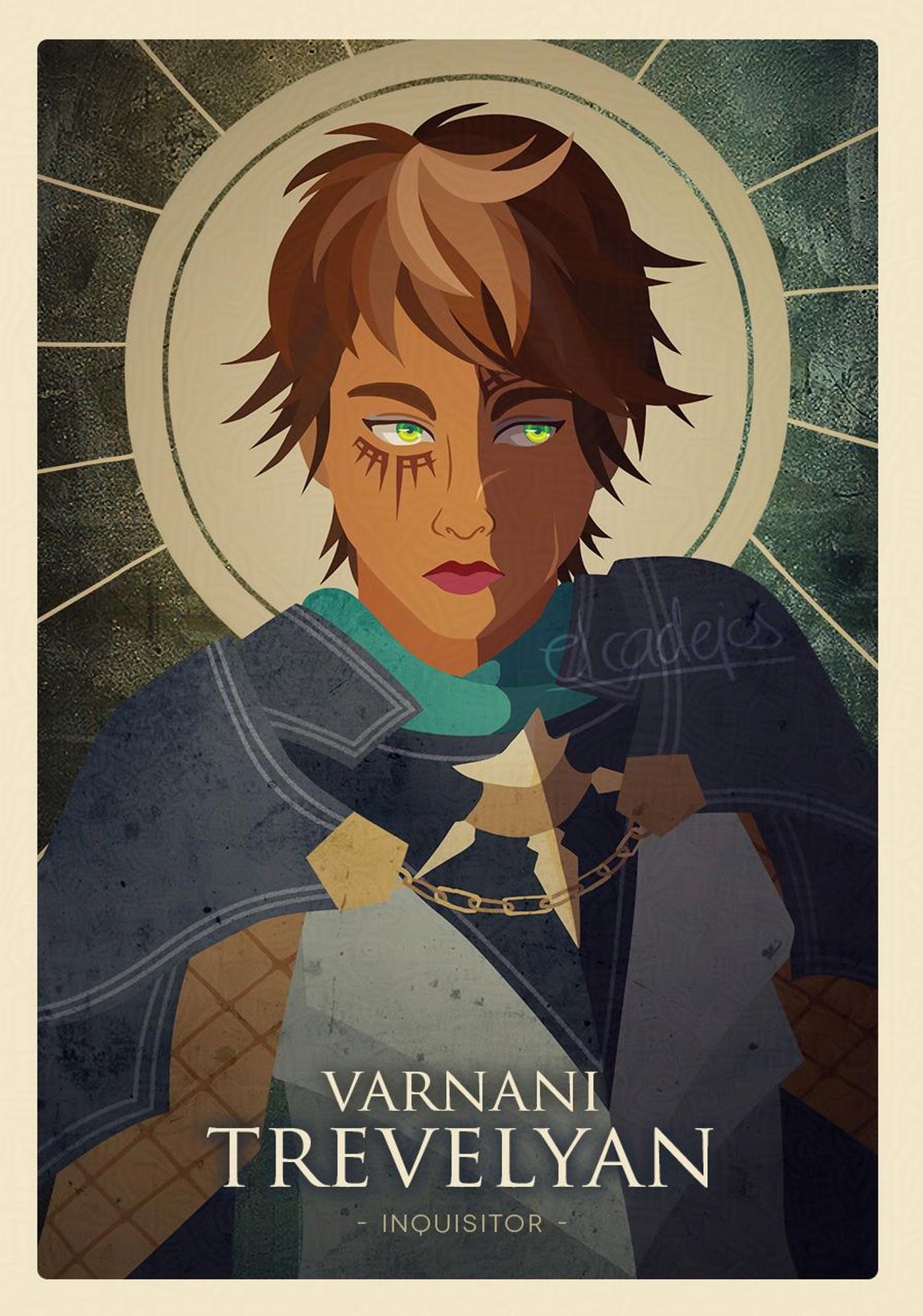 A portrait of my OC Varnani, who has short light brown hair and bright green eyes. She's wearing an armor from the game, with a halo behind her head (as the Inquisitor in Dragon Age is supposed to be the Herald of Andraste)