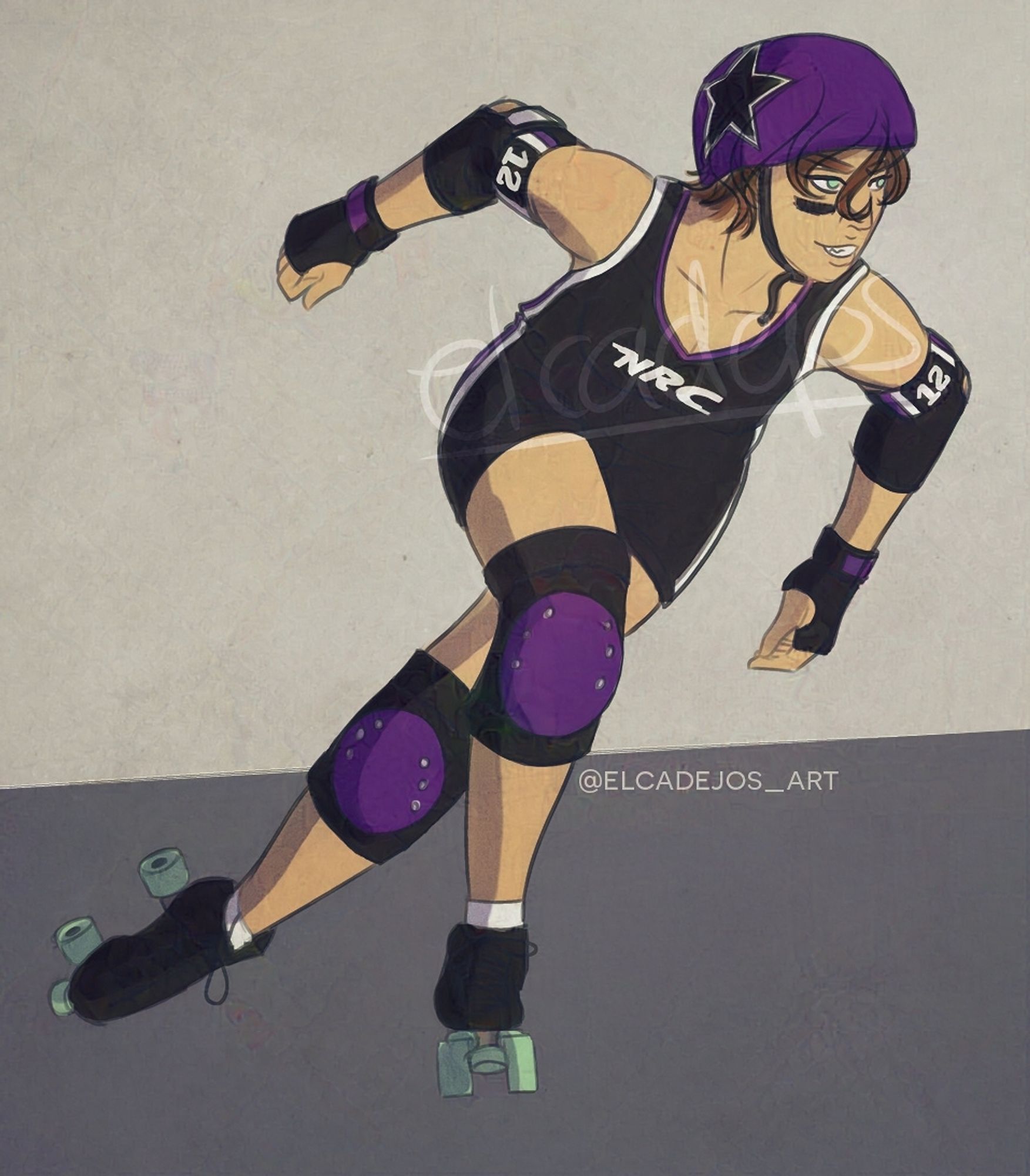 A digital sketch of my character Vultur Cadens, as a roller derby player. Uniform is black, purple and white, which are Night Raven College's colors. She looks cocky and bold.