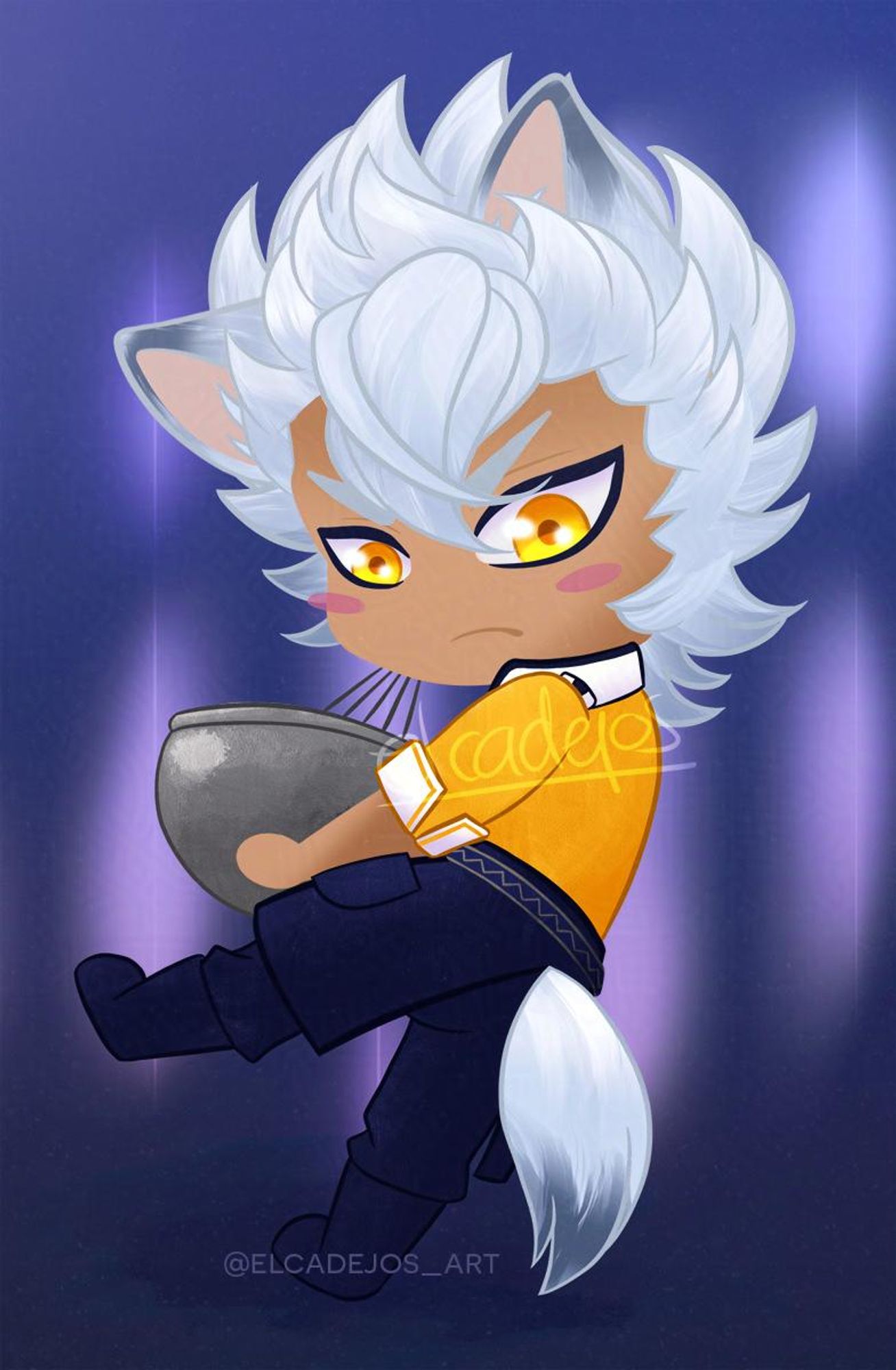 A chibi illustration of Jack Howl, from Twisted Wonderland. He is wearing the master chef uniform (with bright yellow) from the game, and is holding a large mixing bowl, while looking at the viewer with embarrassment