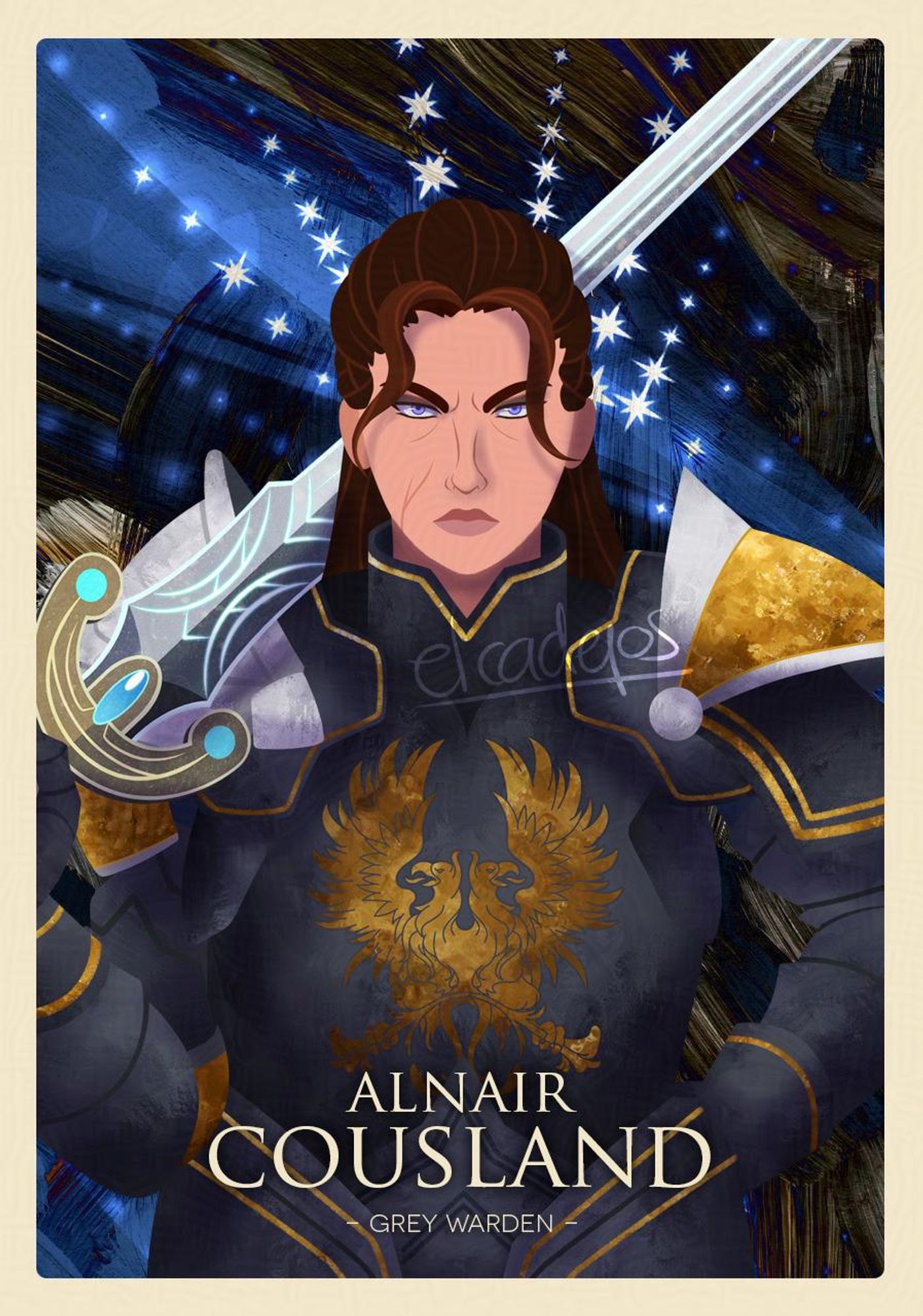 A portrait of my OC Alnair Cousland, from Dragon Age Origins. She is wearing heavy, dark armor with golden details, and resting a broadsword on her shoulder. Her brown hair is long, held back with a braid, and her eyes are violet. Her expression is dry and serious, almost confrontative. There are bags under her eyes, and a scar on her left cheek, which make her look much older than early twenties