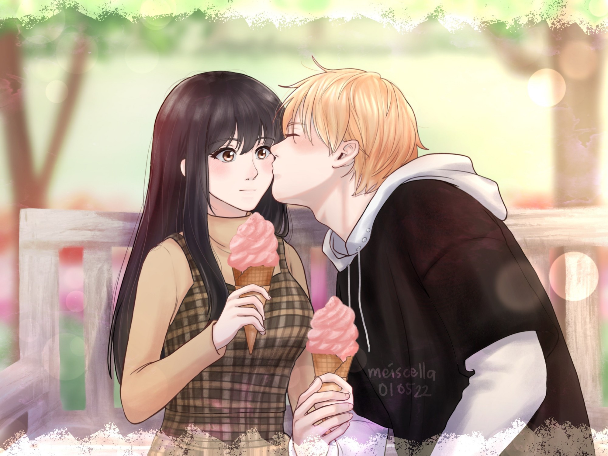 ChikaSato sitting on a bench ; Satowa holds two ice creams, one hand held by Chika as he kisses her cheek