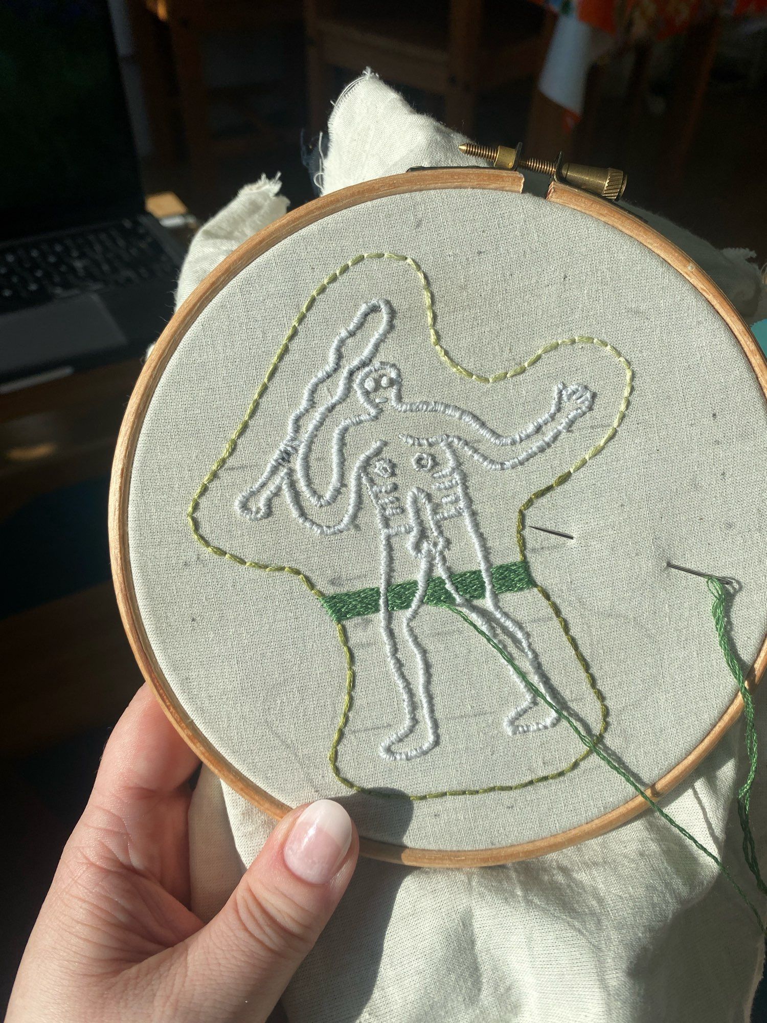 A semi completed embroidery hoop of the Cerne Abbas Giant