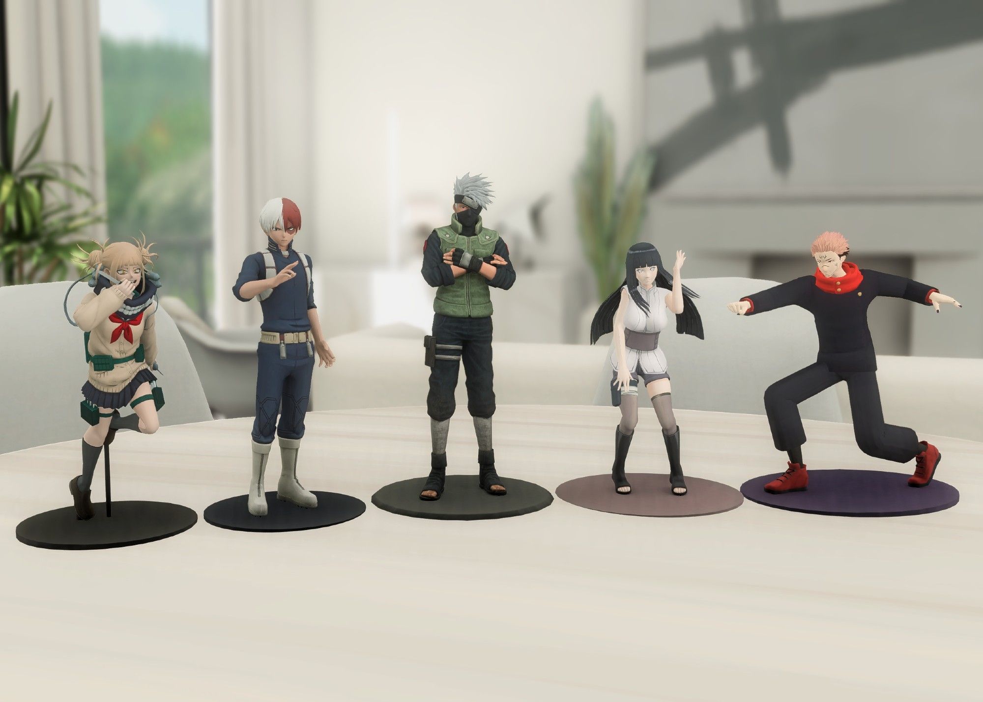 5 Sims 4 CC figures of Anime characters on a white table. From left to right, the characters are Himiko Toga, Shouto Todoroki, Kakashi Hatake, Hinata Hyuuga, and Sukuna Ryomen in Yuuji Itadori's body.