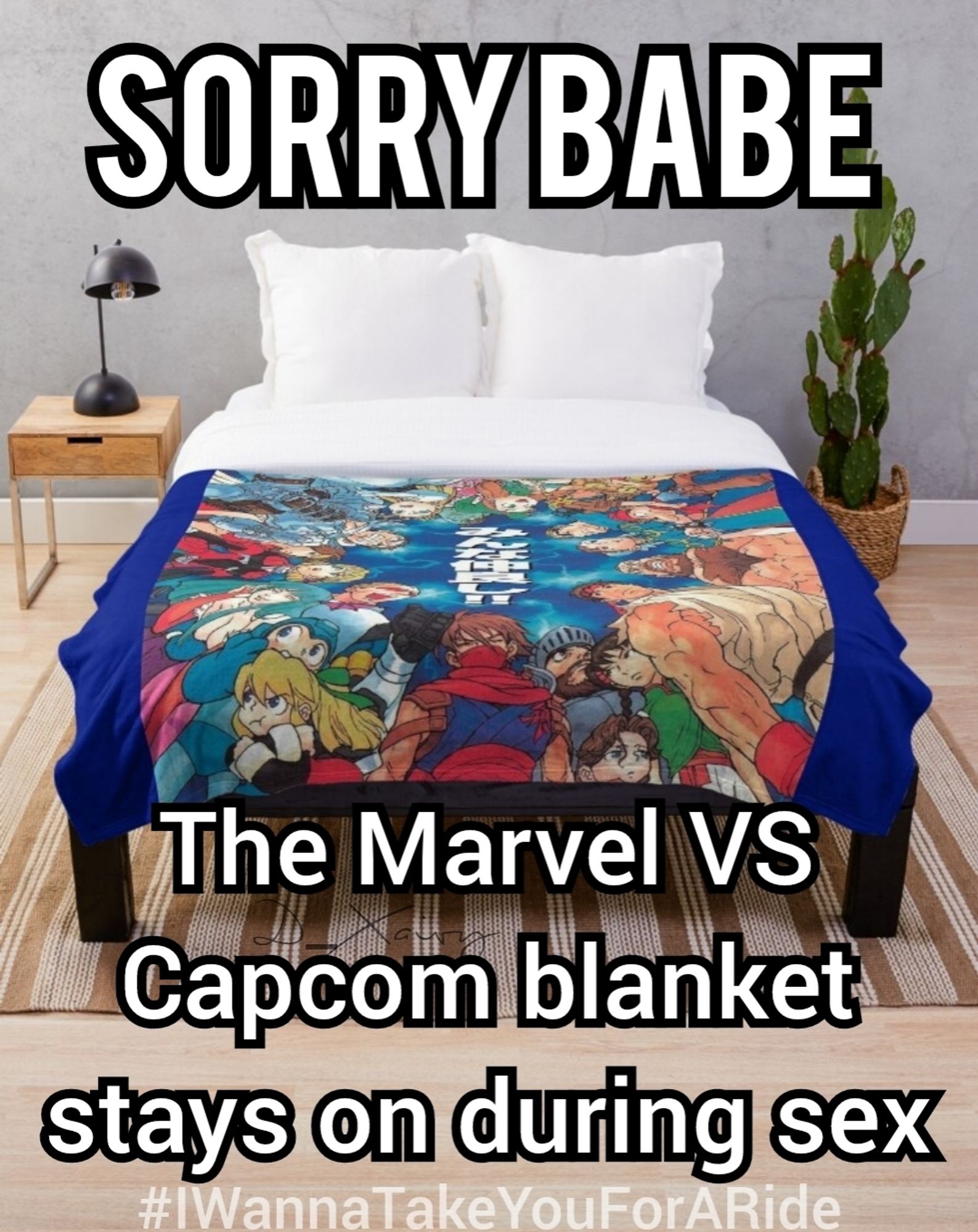 Image:
Marvel VS Capcom bed spread

Txt:
Sorry babe, the marvel vs Capcom blanket stays on during sex: hashtag "I wanna take you for a ride"