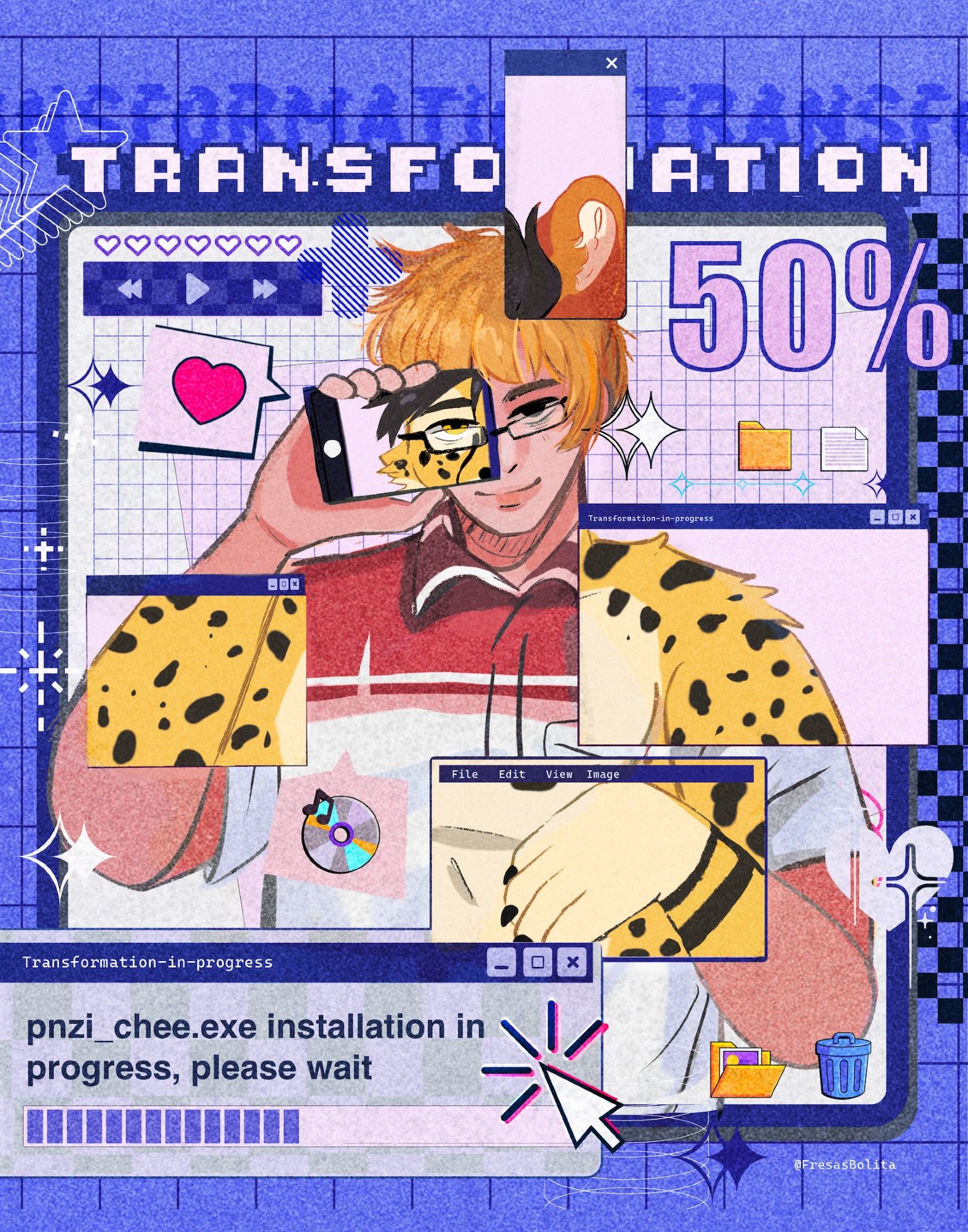 A collage of images representing a transformation from human to my cheetah sona, shown as different computer windows overlayed on my human form. The computer windows show parts of my cheetah form - left hand and left shoulder, right forearm and right eye, with left ear on the top of my head. A progress bar with the text "pnzi_chee.exe installation in progress, please wait" is shown, along with the words "Transformation 50%". Other common computer icons are depicted: mouse pointer, folder and trash icons, music, etc.