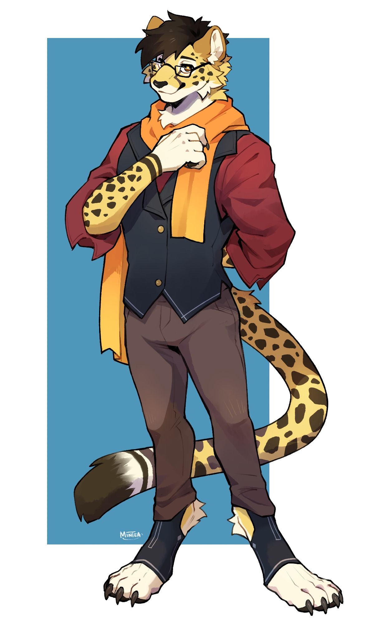 A depiction of my anthro cheetah. He is wearing brown slacks, a red oxford shirt with a blue vest, and an orange scarf. He has a subtle but humble grin as he raises his right hand to his chest.